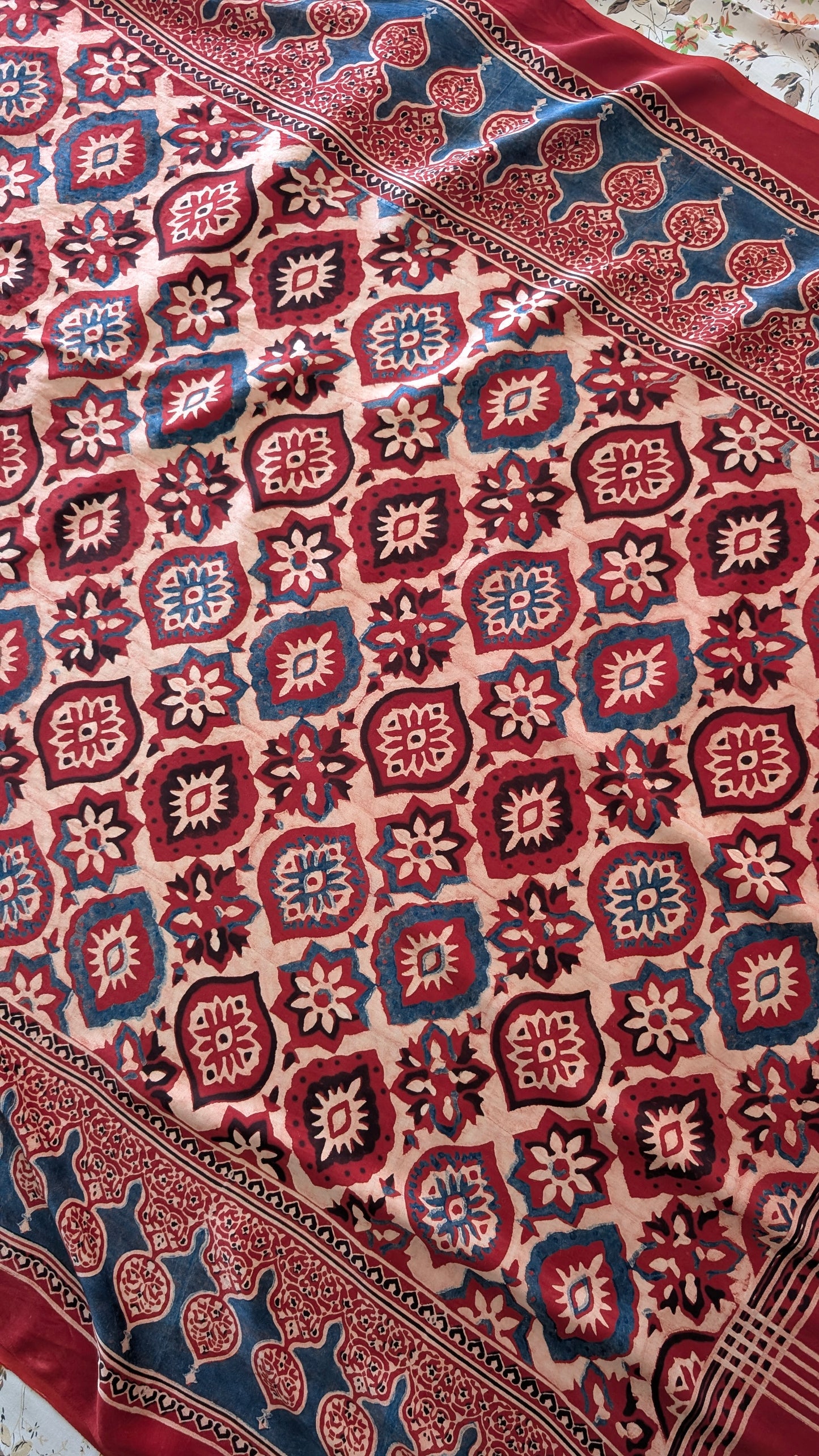 Ajrakh Saree in Modal Silk - Hand Block Print and Naturally Dyed | TheRangBhoomi