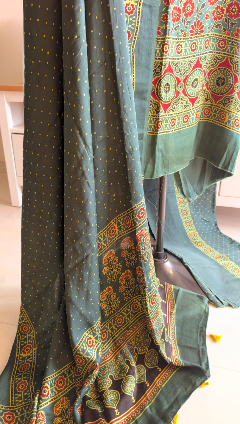 Ajrakh Modal Silk | Suit Set | Green | 3 PC