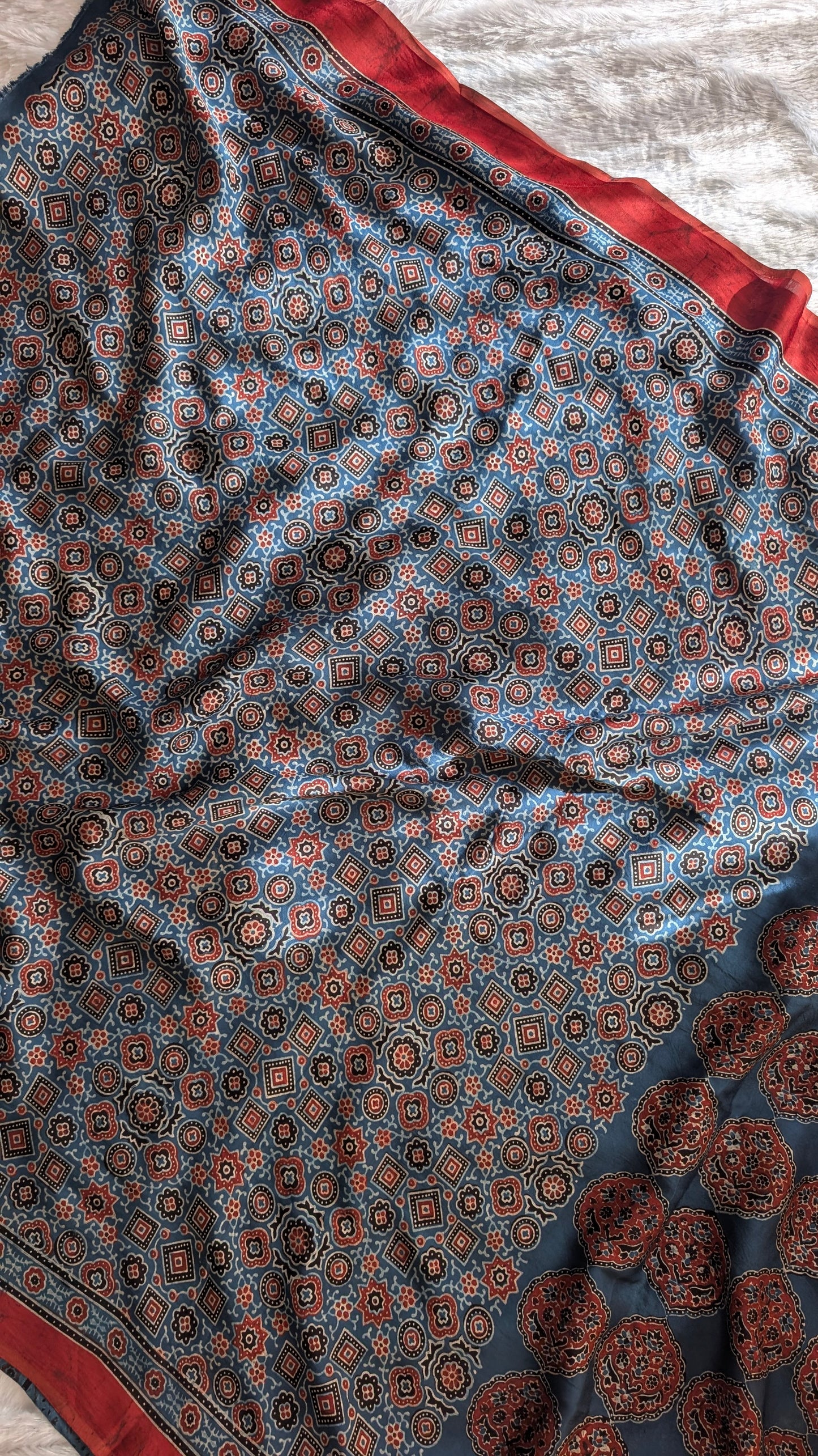 Blue Ajrakh Saree in Modal Silk - Hand Block Print and Naturally Dyed | TheRangBhoomi