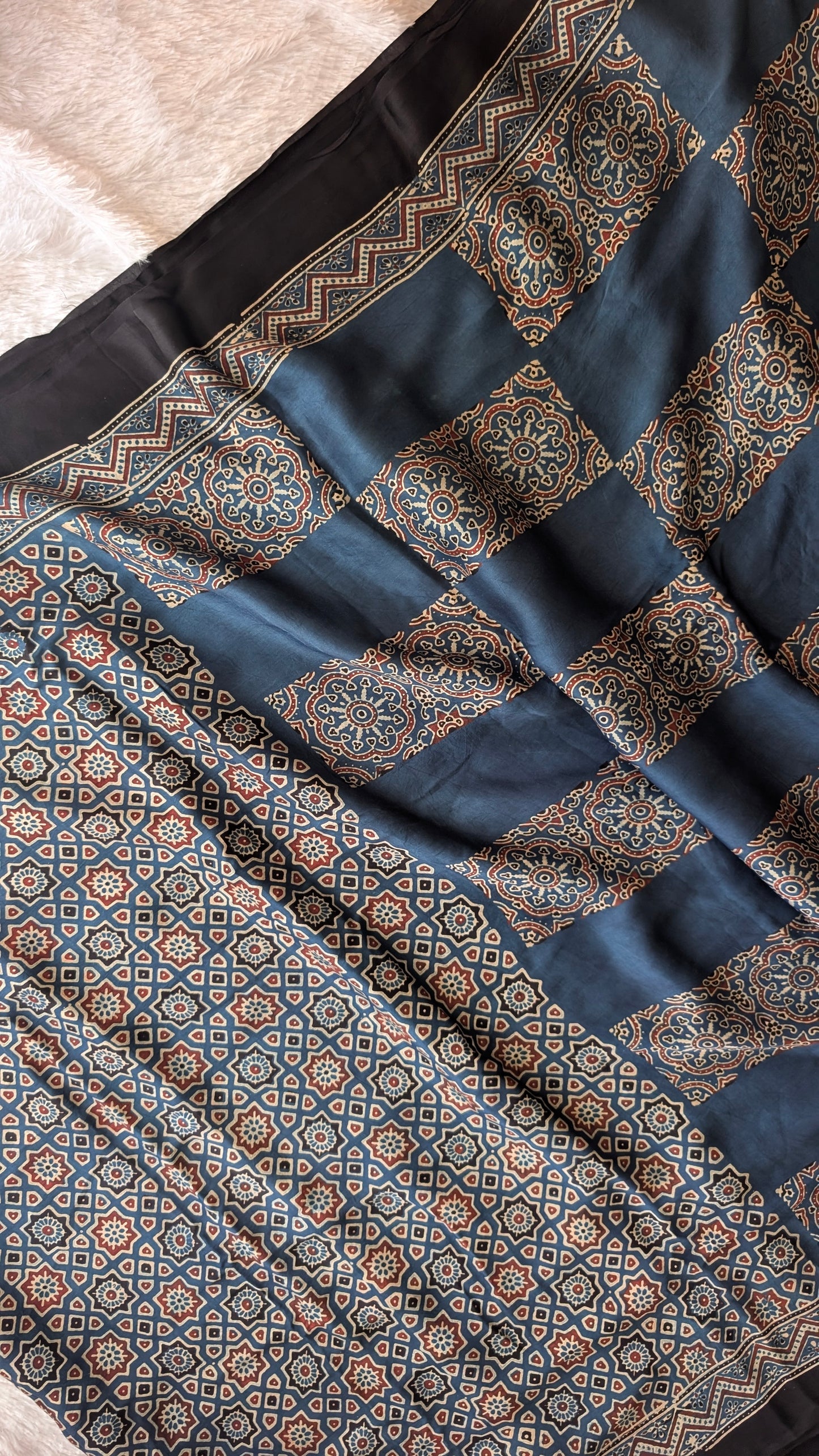 Ajrakh Saree in Modal Silk - Hand Block Print and Naturally Dyed | TheRangBhoomi
