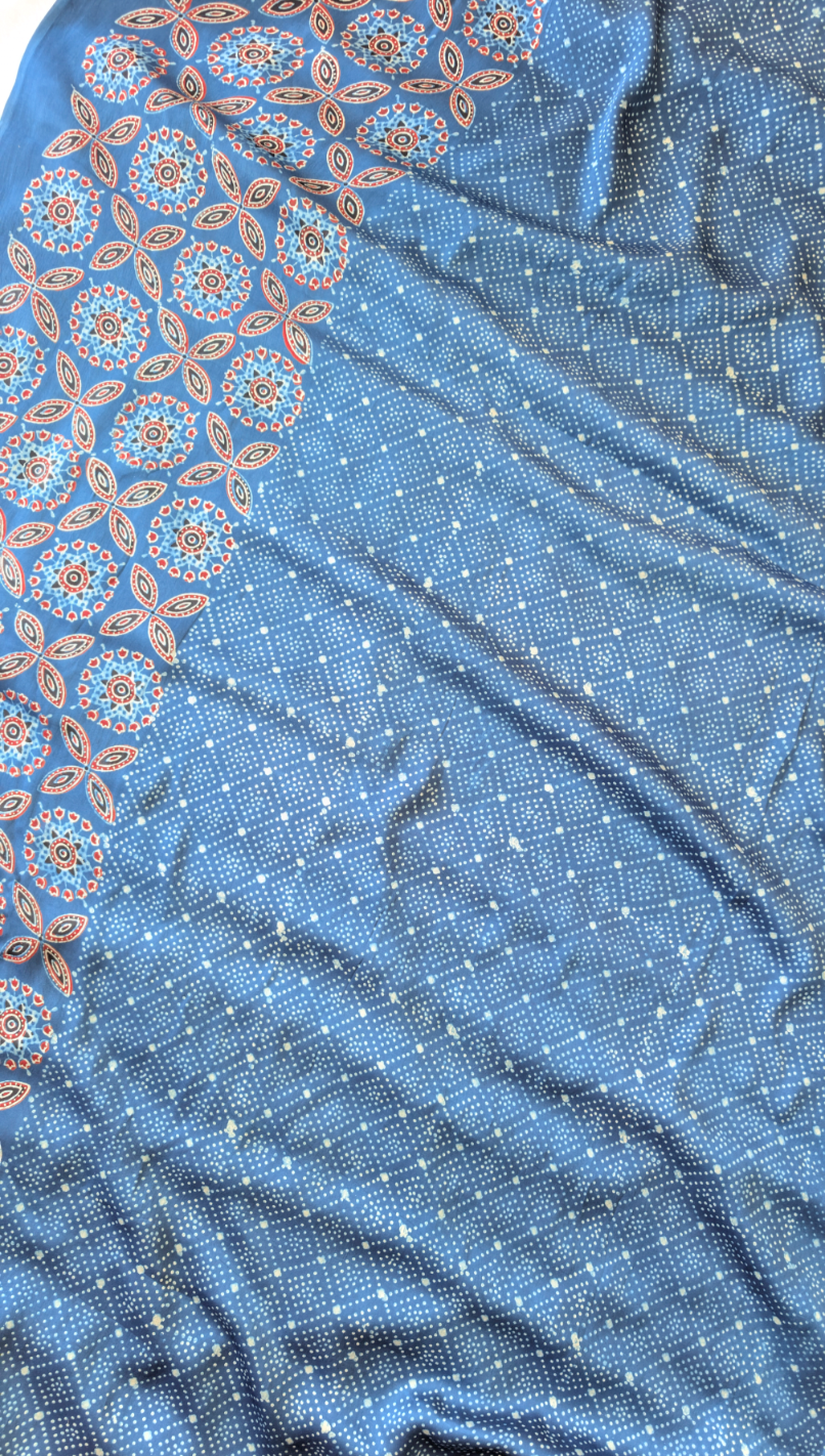 Ajrakh Saree in Modal Silk - Hand Block Print and Naturally Dyed | TheRangBhoomi