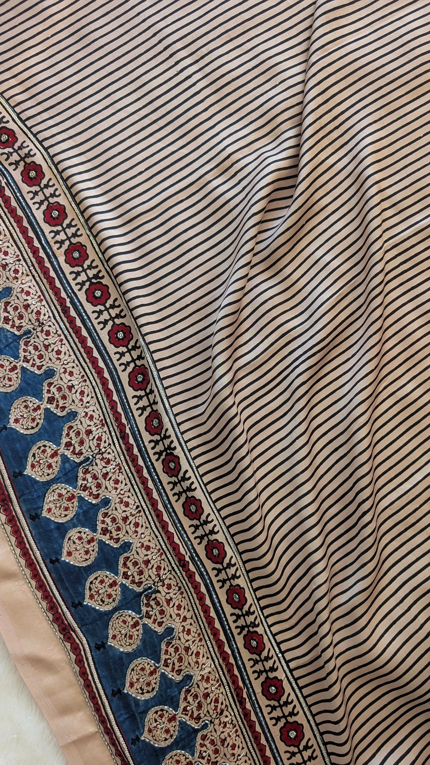 Off White / Ivory Ajrakh Hand Embroidery Saree in Modal Silk | TheRangBhoomi