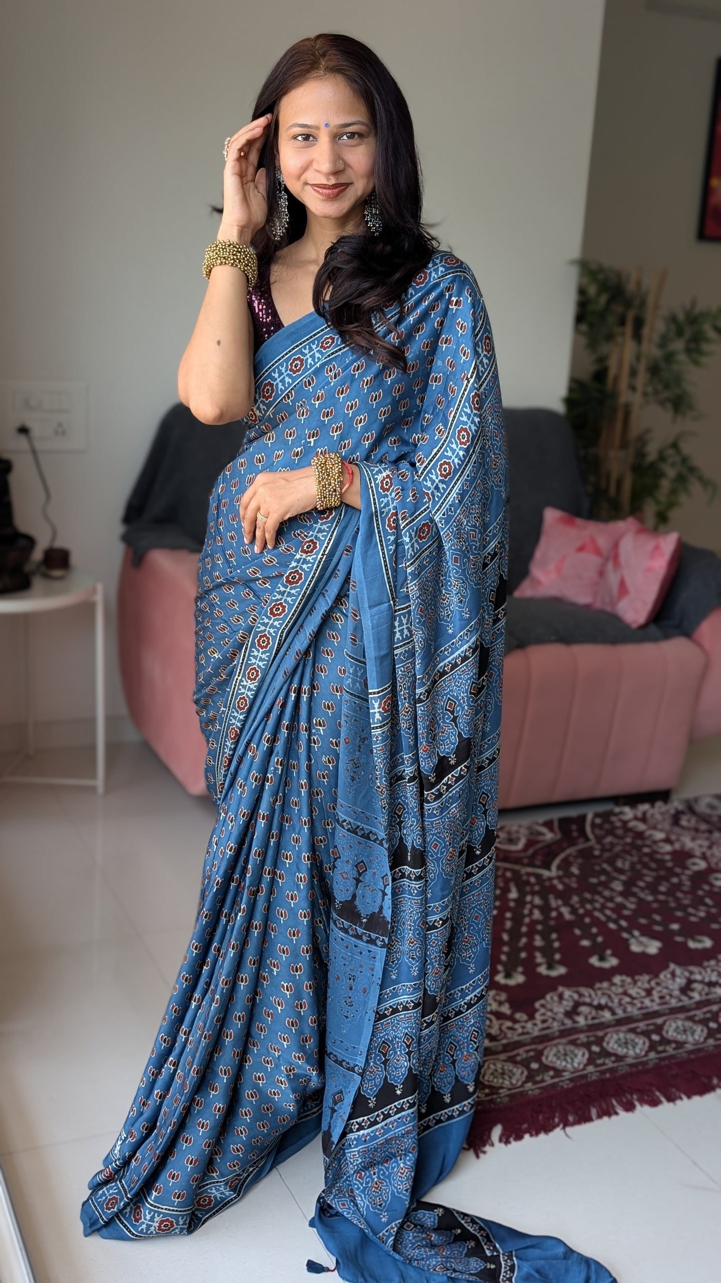 [PRE ORDER ONLY] Ajrakh Saree in Modal Silk - Hand Block Print and Naturally Dyed | TheRangBhoomi