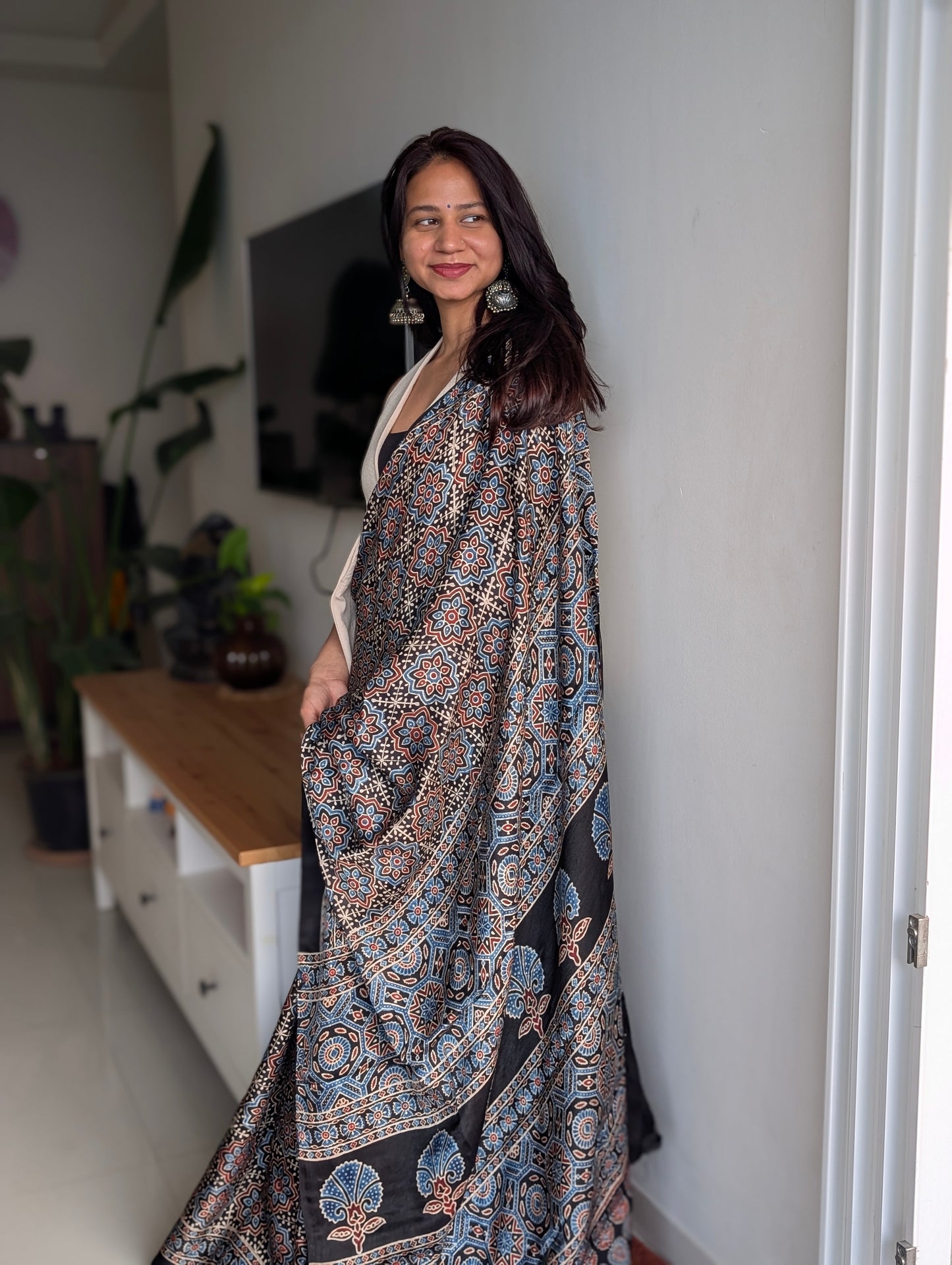 (AVAILABLE ON PRE ORDER) Ajrakh Saree in Modal Silk - Hand Block Print and Naturally Dyed | TheRangBhoomi
