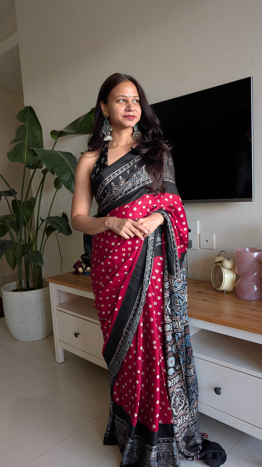 Bandhani Saree with Ajrakh Pallu | TheRangBhoomi Fusion Saree | Red
