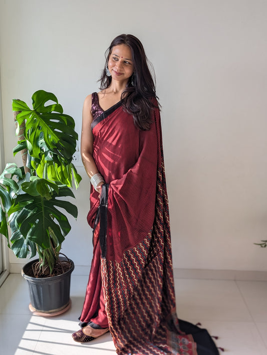 [PRE ORDER ONLY] Ajrakh Saree in Modal Silk - Hand Block Print and Naturally Dyed | TheRangBhoomi