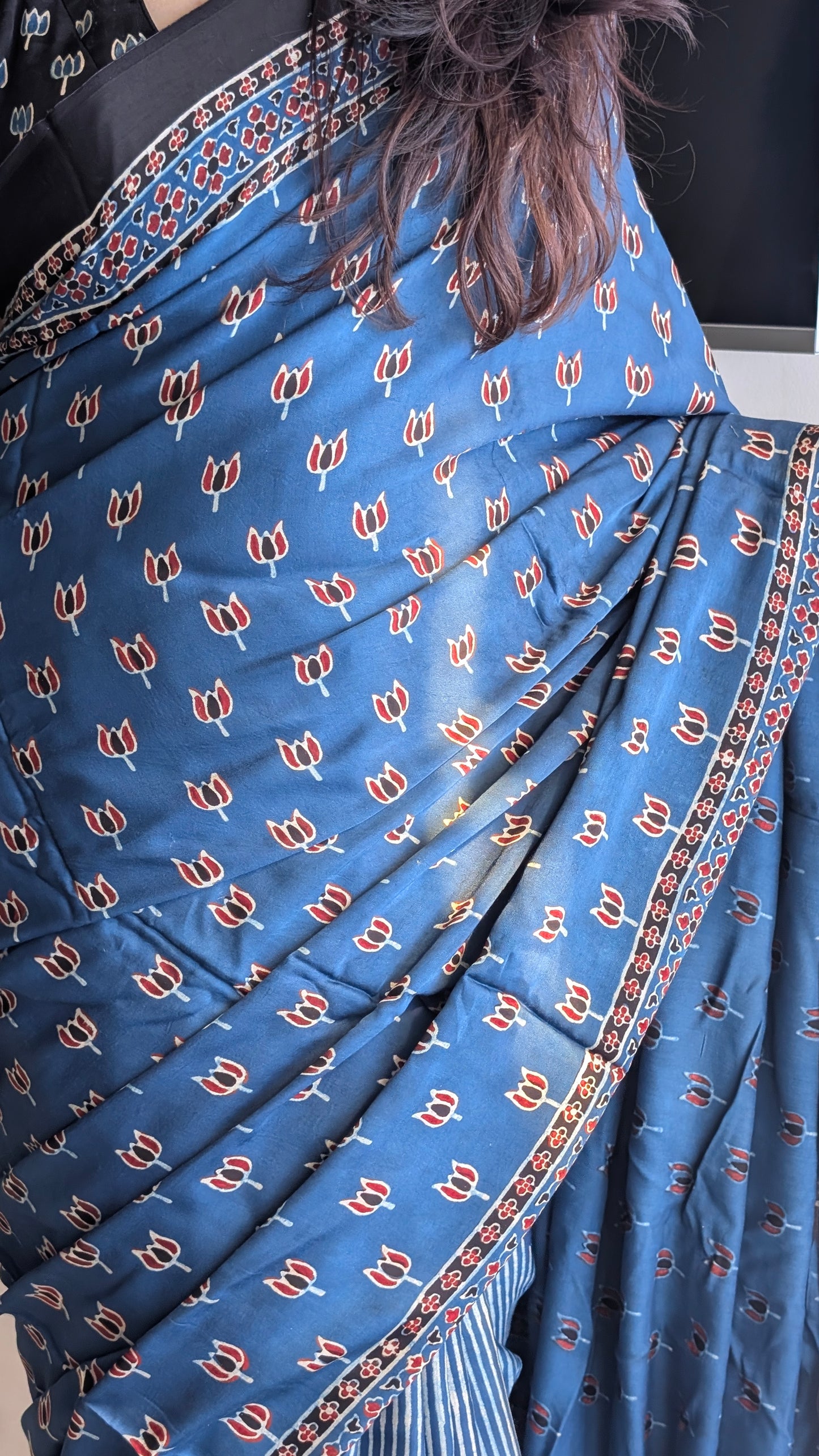 Indigo Ajrakh Saree in Modal Silk - Hand Block Print and Naturally Dyed | TheRangBhoomi