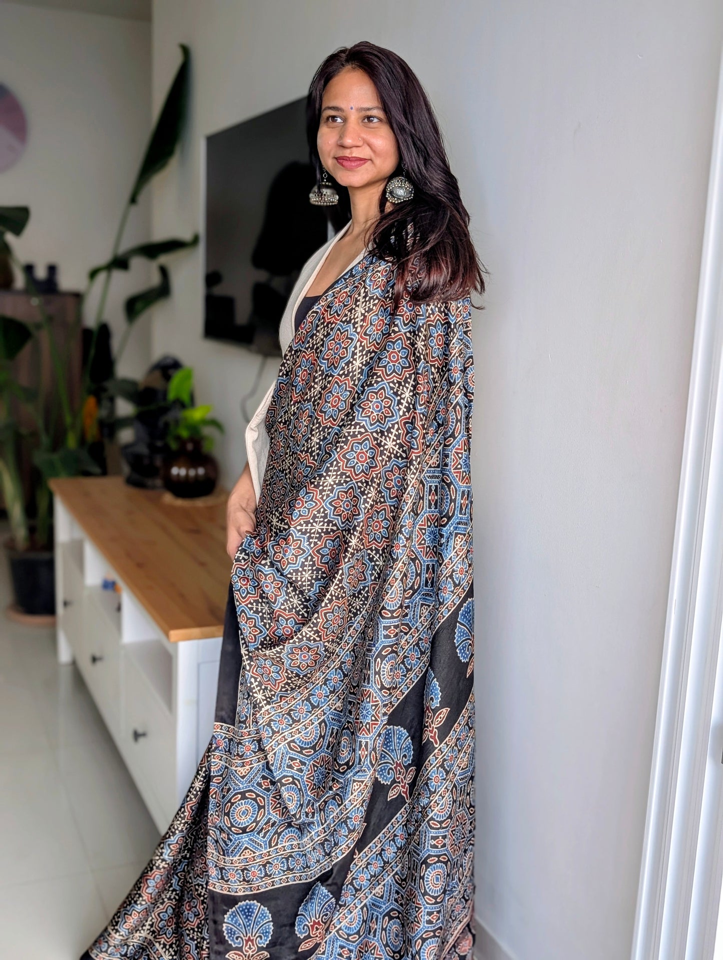(AVAILABLE ON PRE ORDER) Ajrakh Saree in Modal Silk - Hand Block Print and Naturally Dyed | TheRangBhoomi