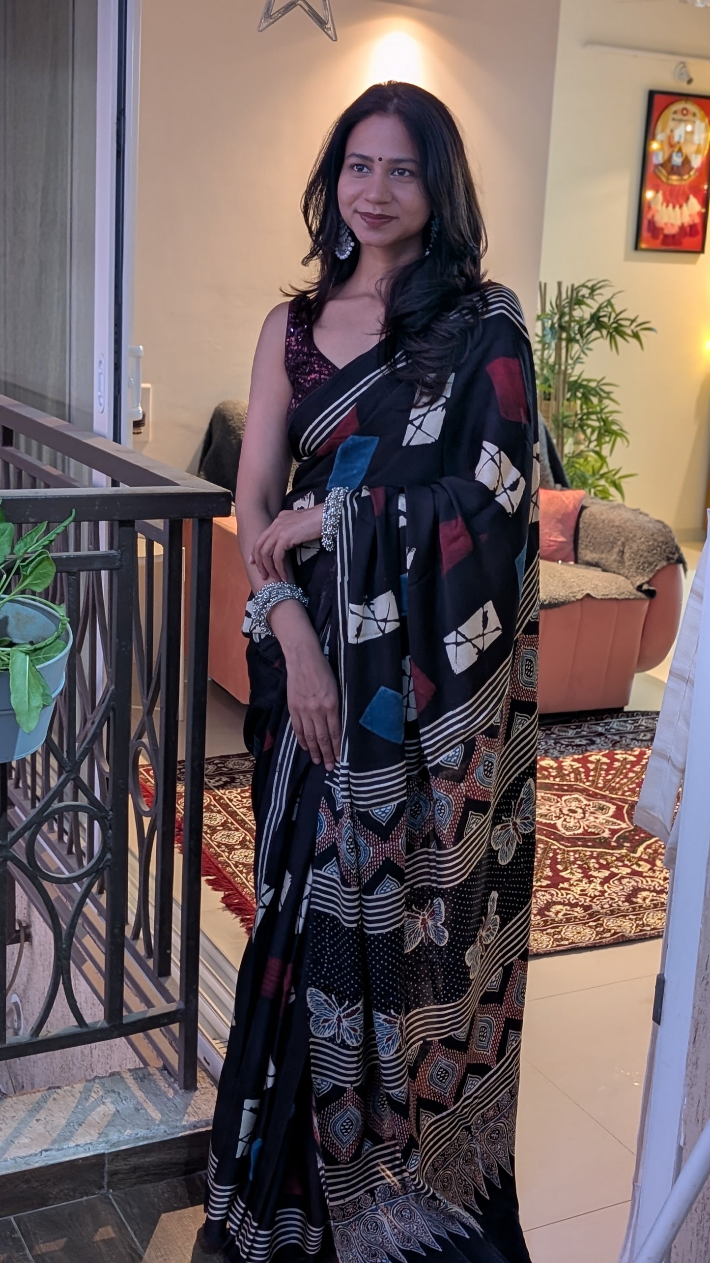 Ajrakh Saree | Modal Silk | Naturally Dyed Handcrafted Saree | Black | Geometric Patterns