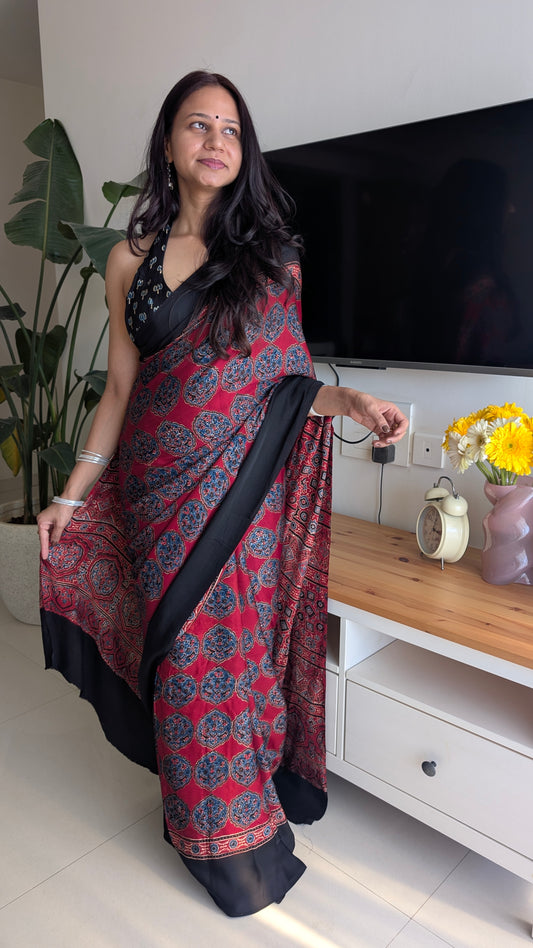 Ajrakh Saree in Modal Silk - Hand Block Print and Naturally Dyed | TheRangBhoomi