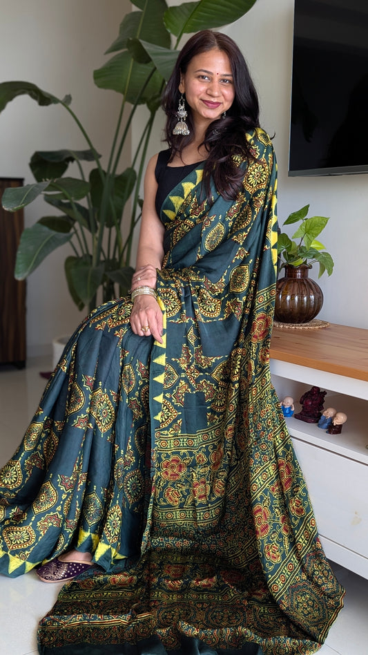 Ajrakh Saree | Modal Silk | Naturally Dyed Handcrafted Saree | Green