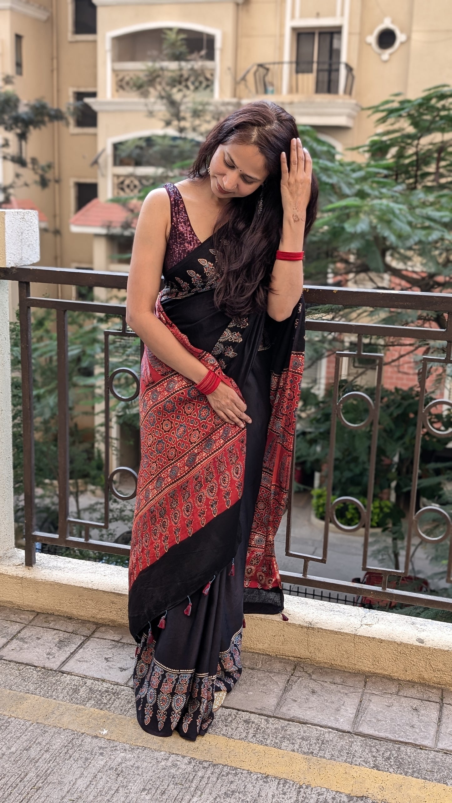 [PRE ORDER ONLY] Ajrakh Saree in Modal Silk - Hand Block Print and Naturally Dyed | TheRangBhoomi