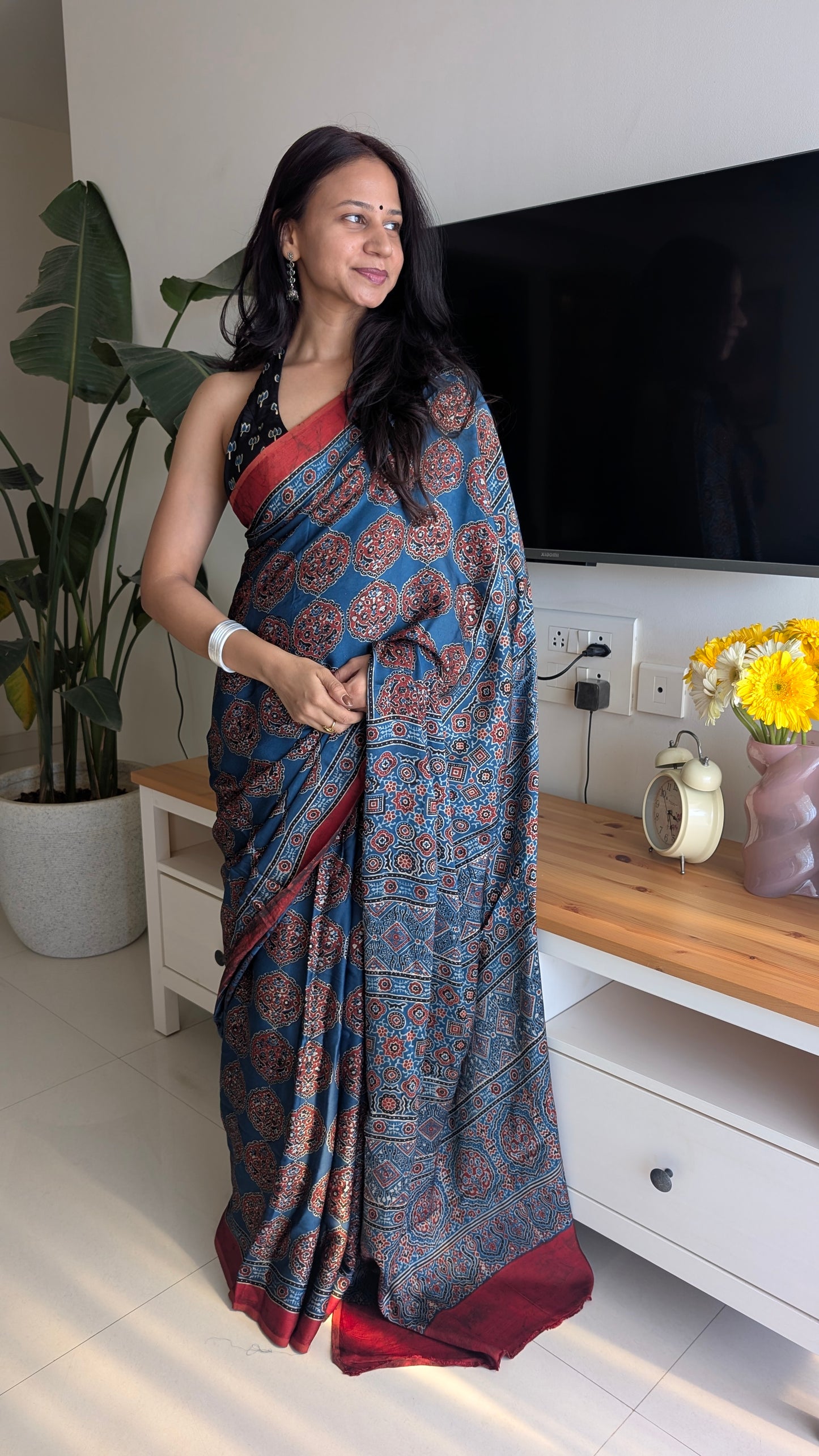 Blue Ajrakh Saree in Modal Silk - Hand Block Print and Naturally Dyed | TheRangBhoomi