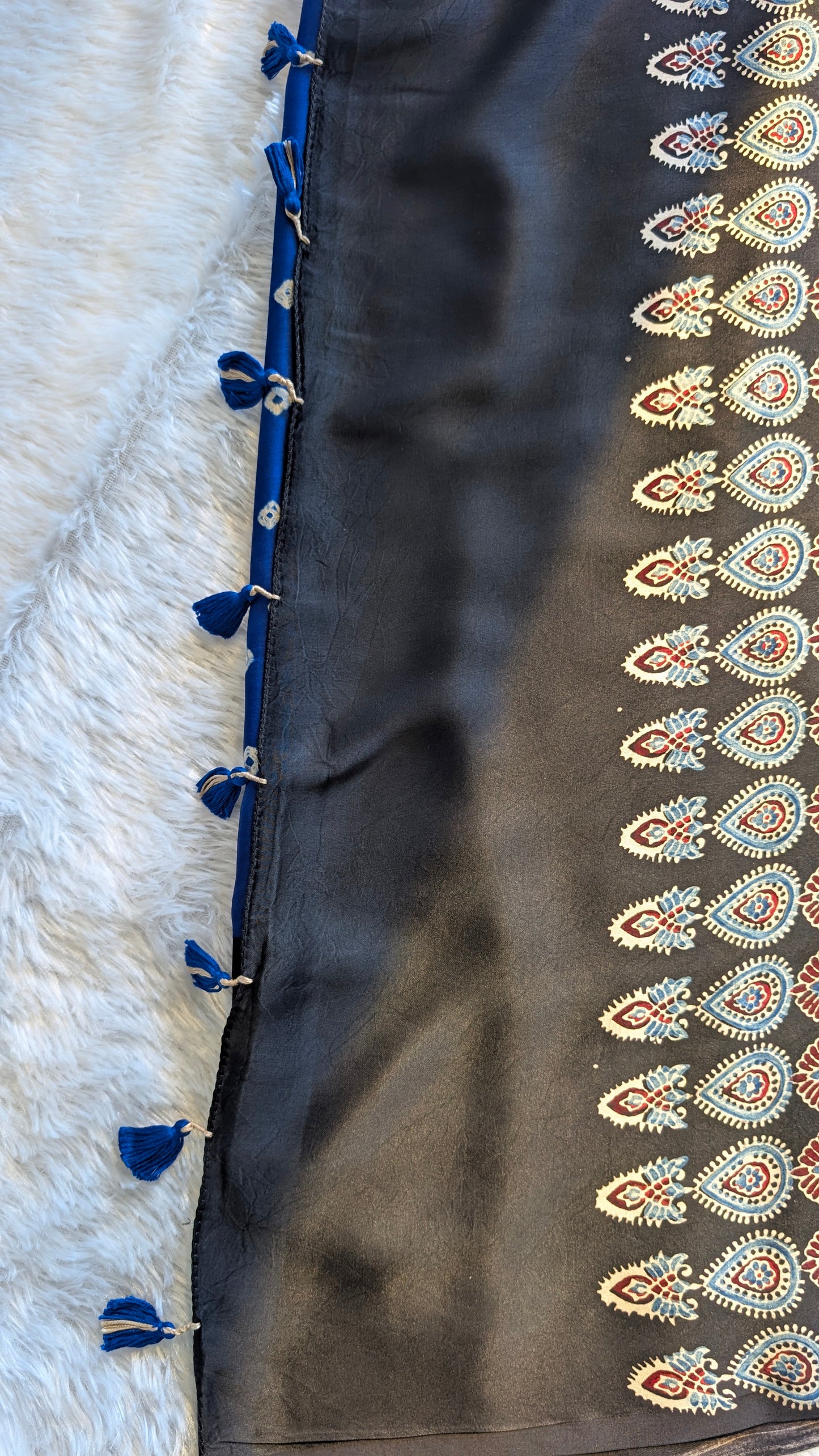 Blue Bandhani Saree with Ajrakh Pallu | TheRangBhoomi Fusion Saree