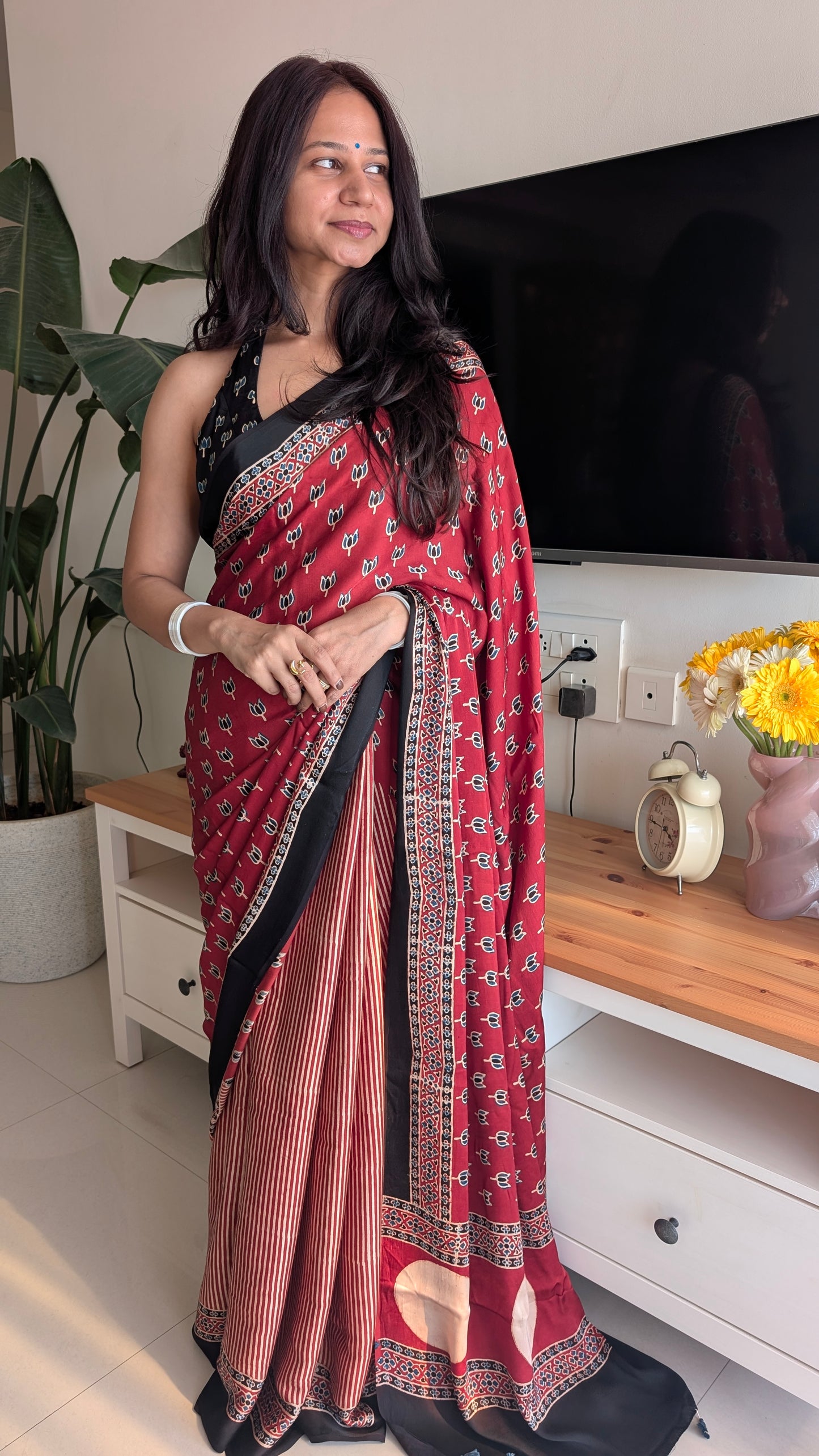 Red Ajrakh Saree in Modal Silk - Hand Block Print and Naturally Dyed | TheRangBhoomi