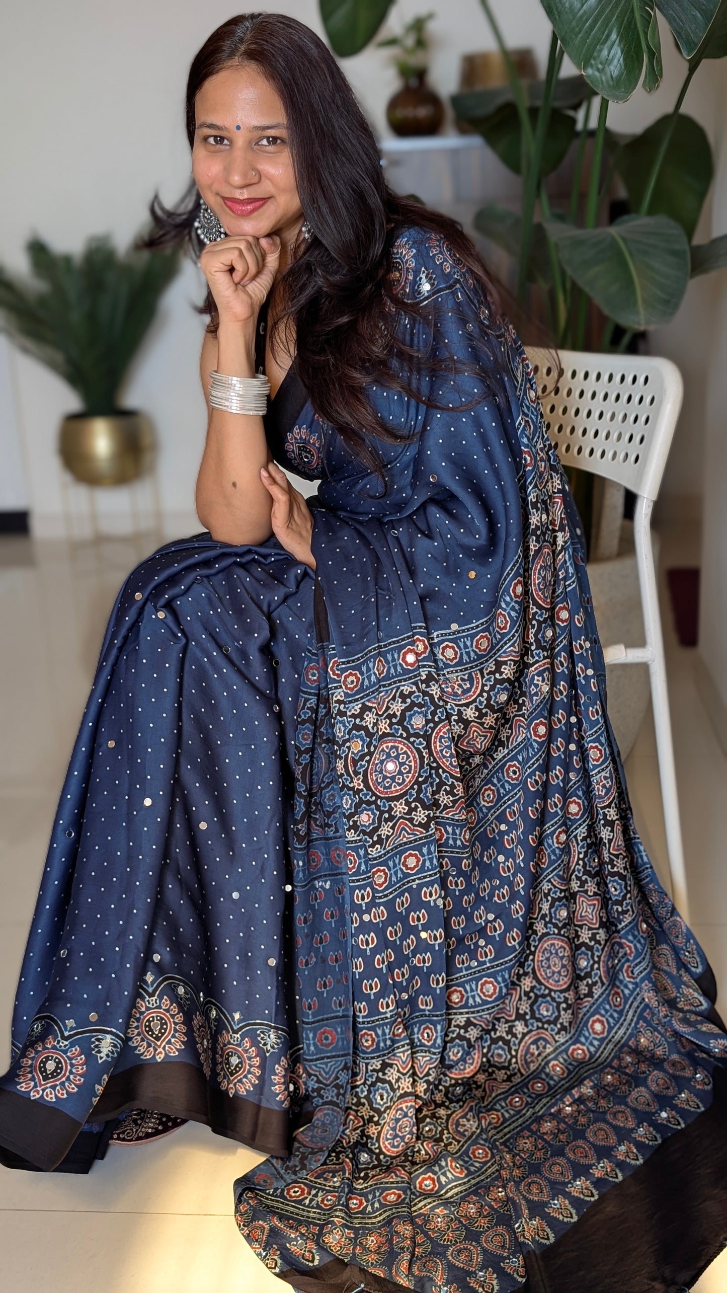 Blue Ajrakh modal silk mirror work saree | TheRangBhoomi