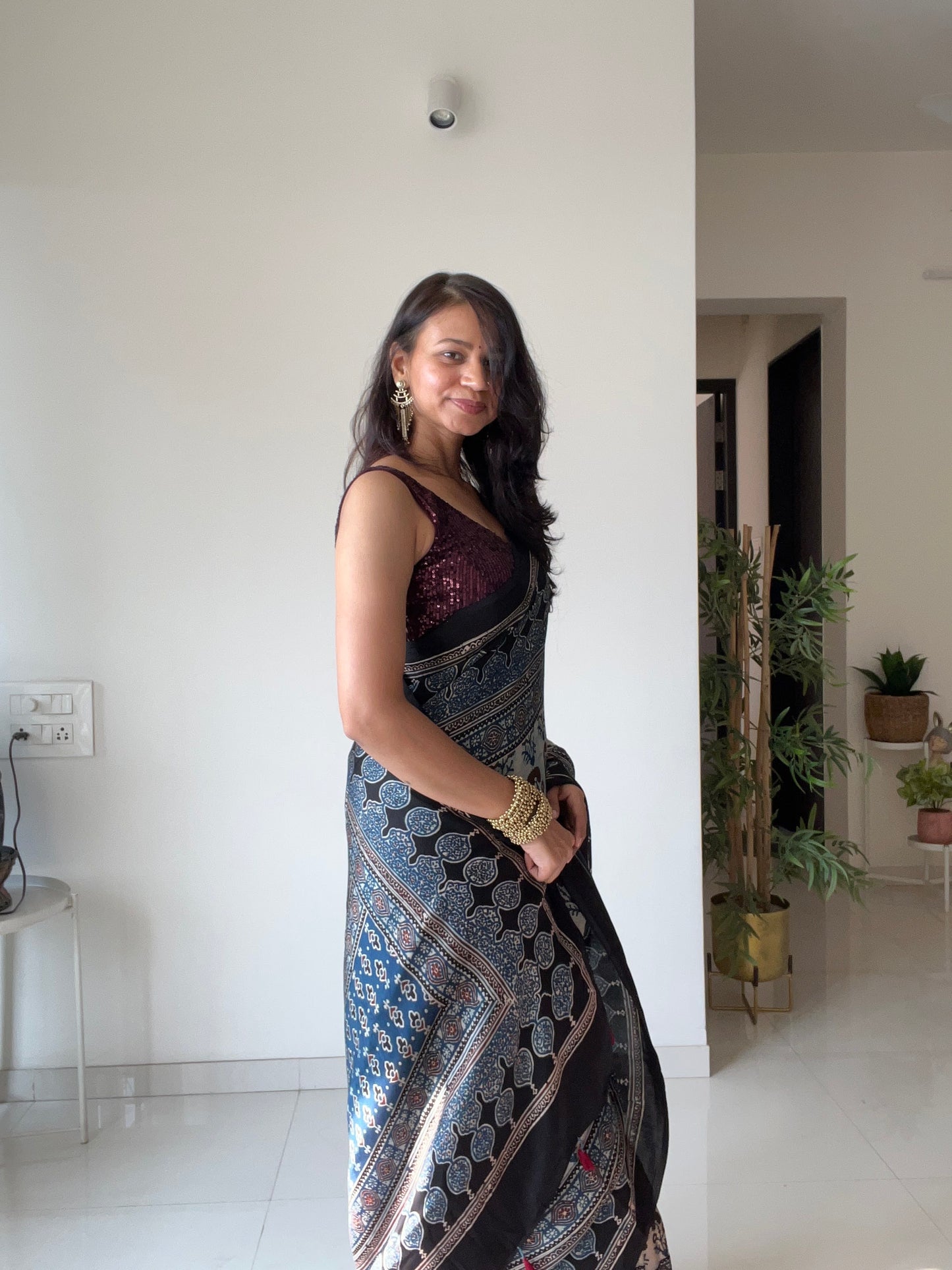 [PRE ORDER ONLY] Ajrakh Saree in Modal Silk - Hand Block Print and Naturally Dyed | TheRangBhoomi