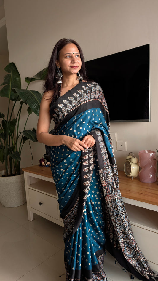 Blue Bandhani Saree with Ajrakh Pallu | TheRangBhoomi Fusion Saree | Peacock Blue