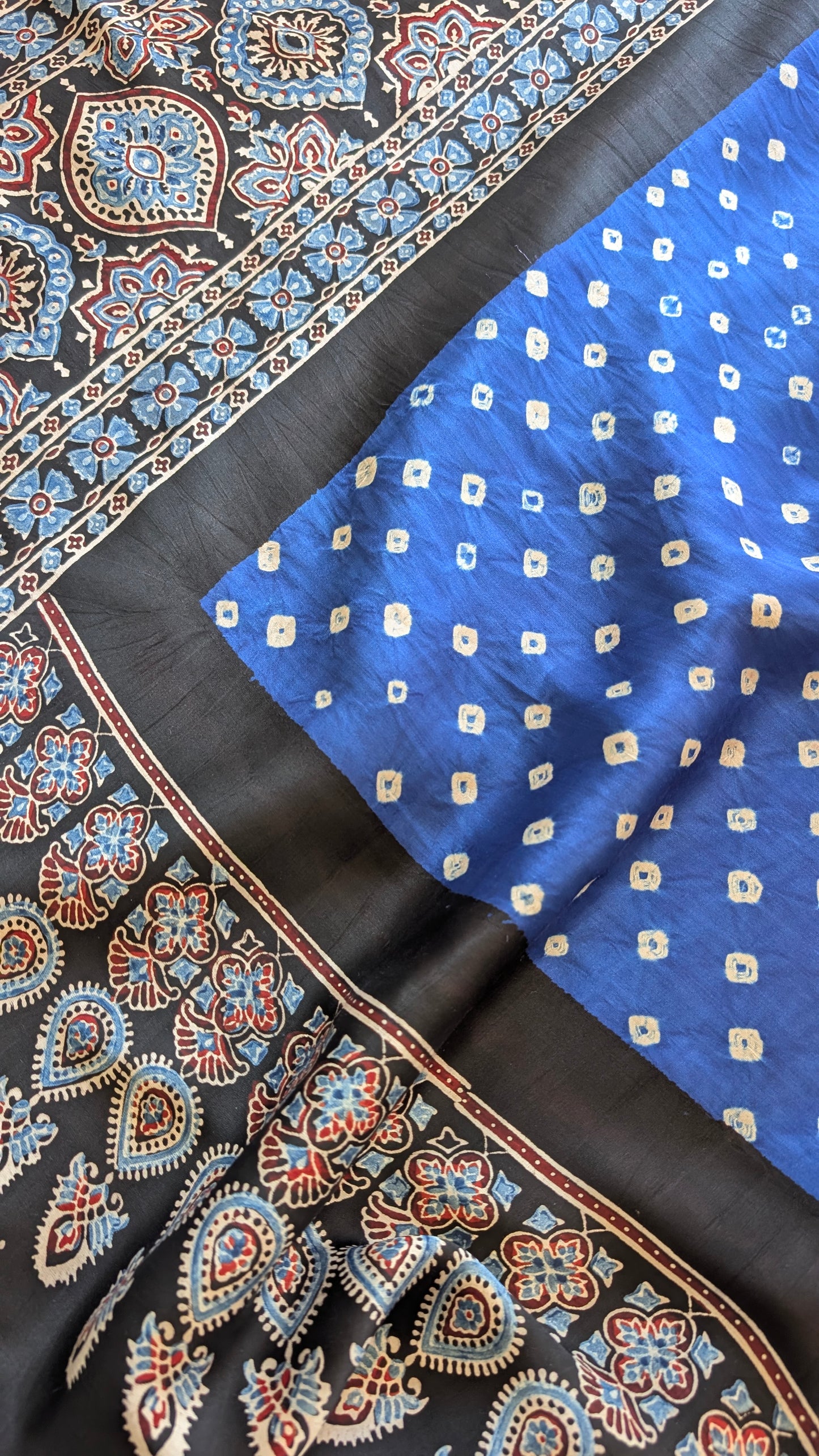 Blue Bandhani Saree with Ajrakh Pallu | TheRangBhoomi Fusion Saree
