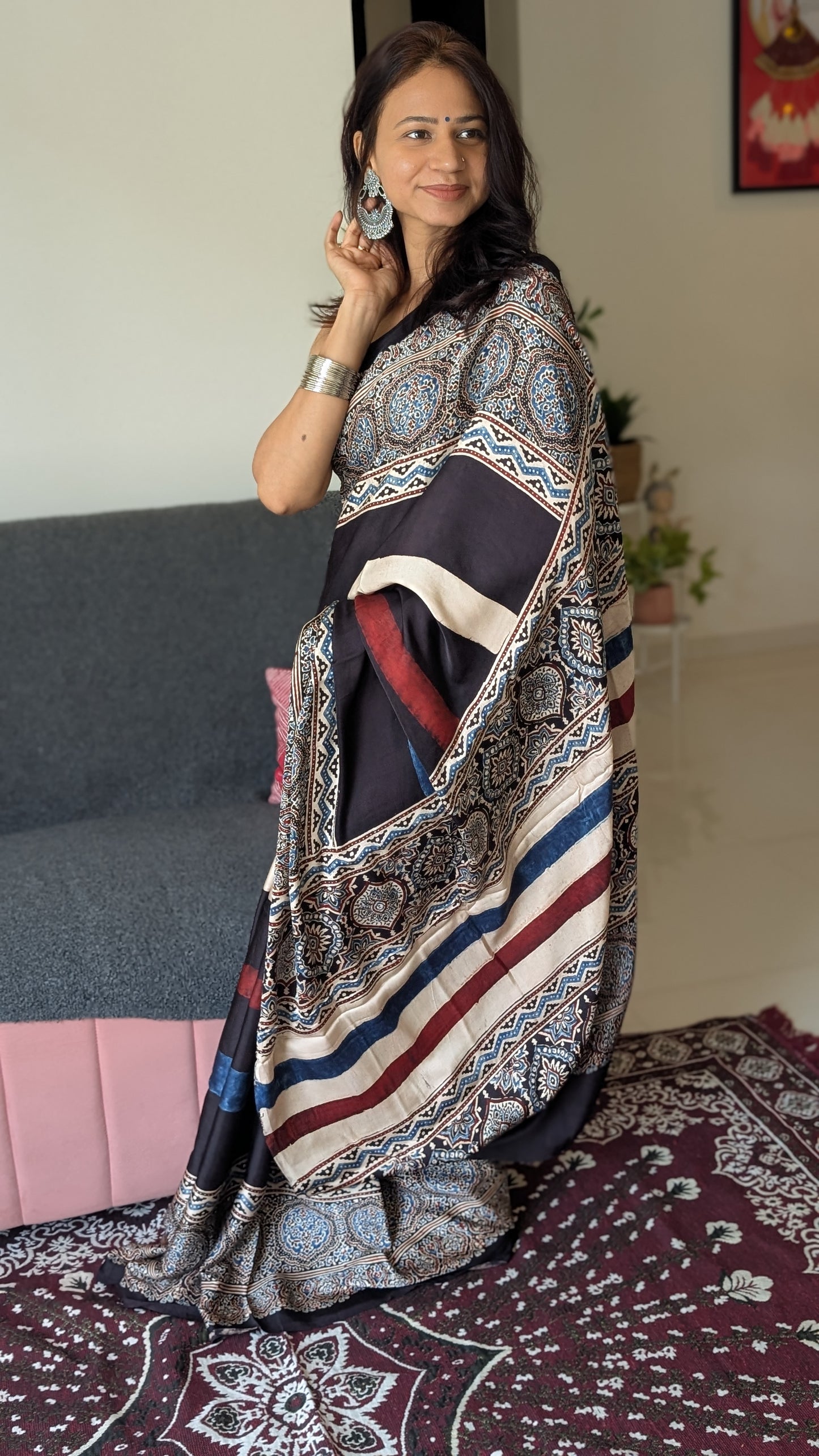 [PRE ORDER ONLY] Ajrakh Saree in Modal Silk - Hand Block Print and Naturally Dyed | TheRangBhoomi
