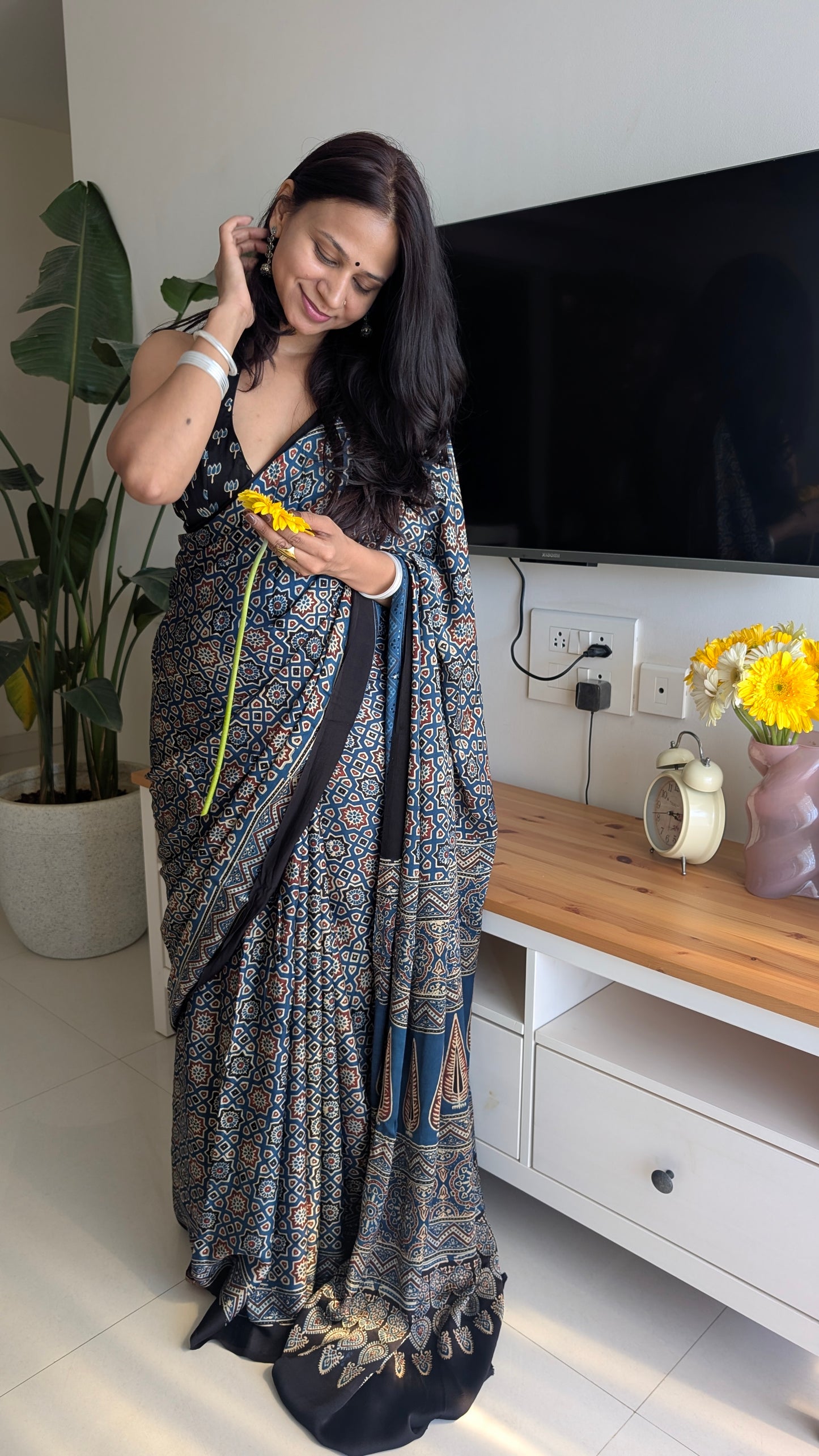 Ajrakh Saree in Modal Silk - Hand Block Print and Naturally Dyed | TheRangBhoomi