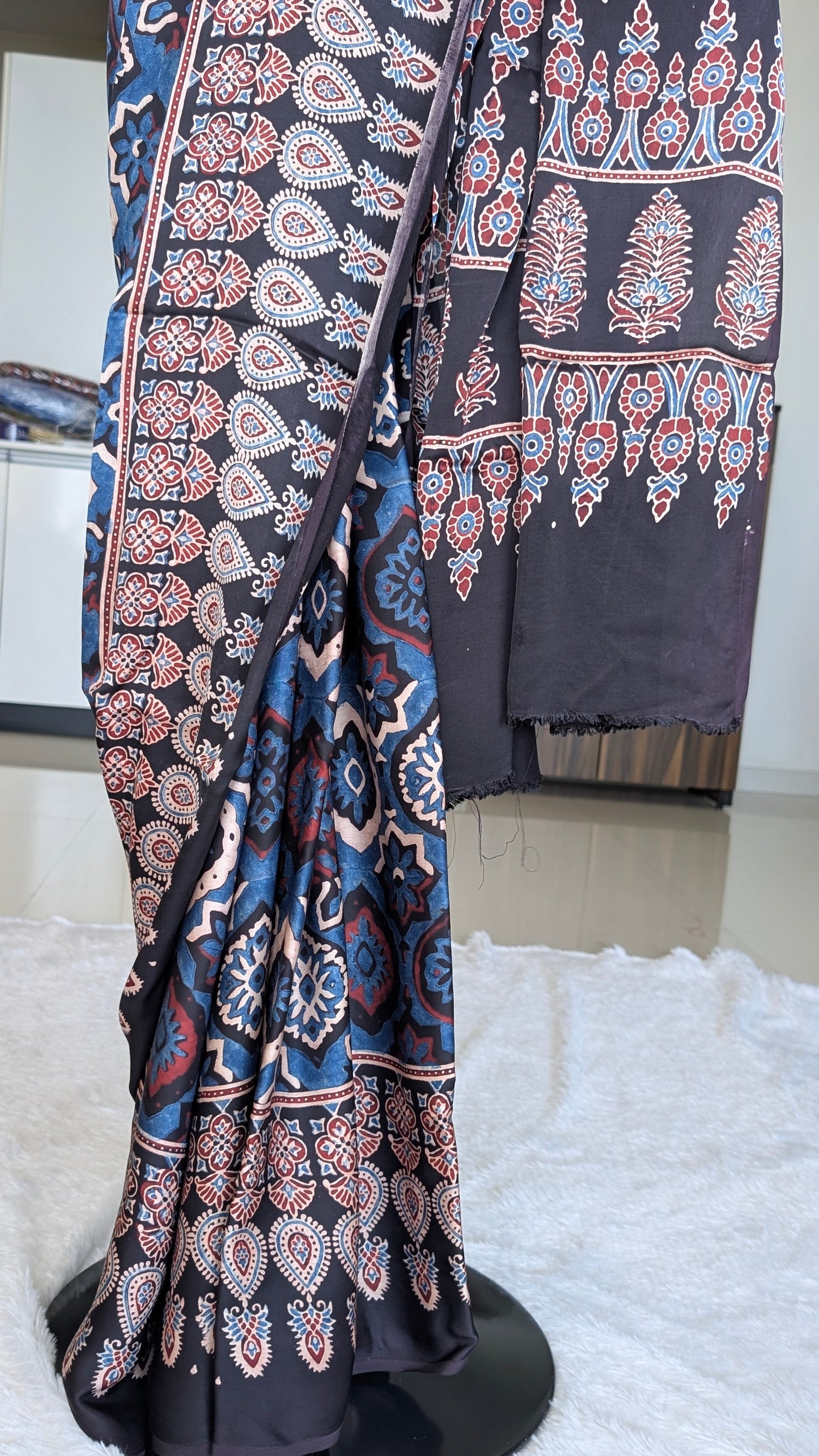 Ajrakh Saree in Modal Silk - Hand Block Print and Naturally Dyed | TheRangBhoomi