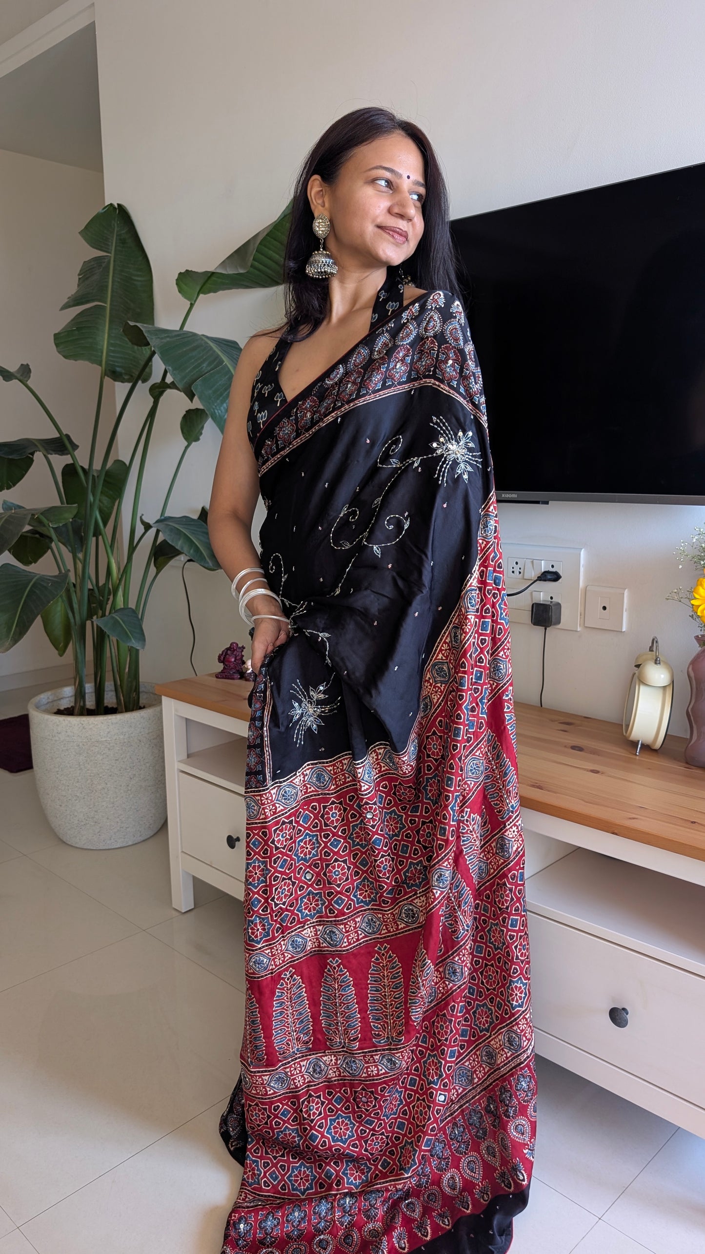 Black Ajrakh Hand Embroidery Saree in Modal Silk | TheRangBhoomi