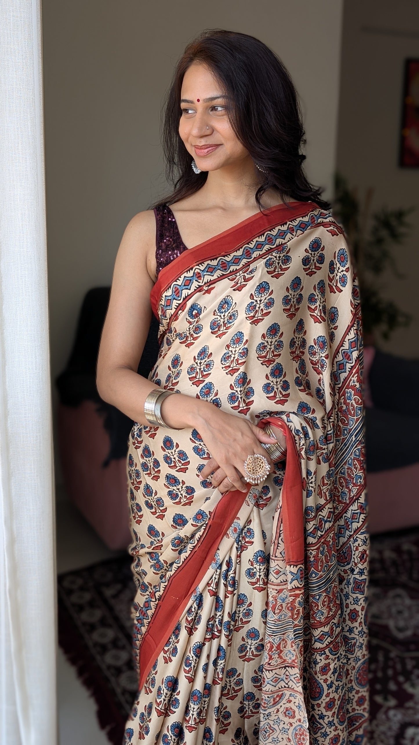 [PRE ORDER ONLY] Ajrakh Saree in Modal Silk - Hand Block Print and Naturally Dyed | TheRangBhoomi