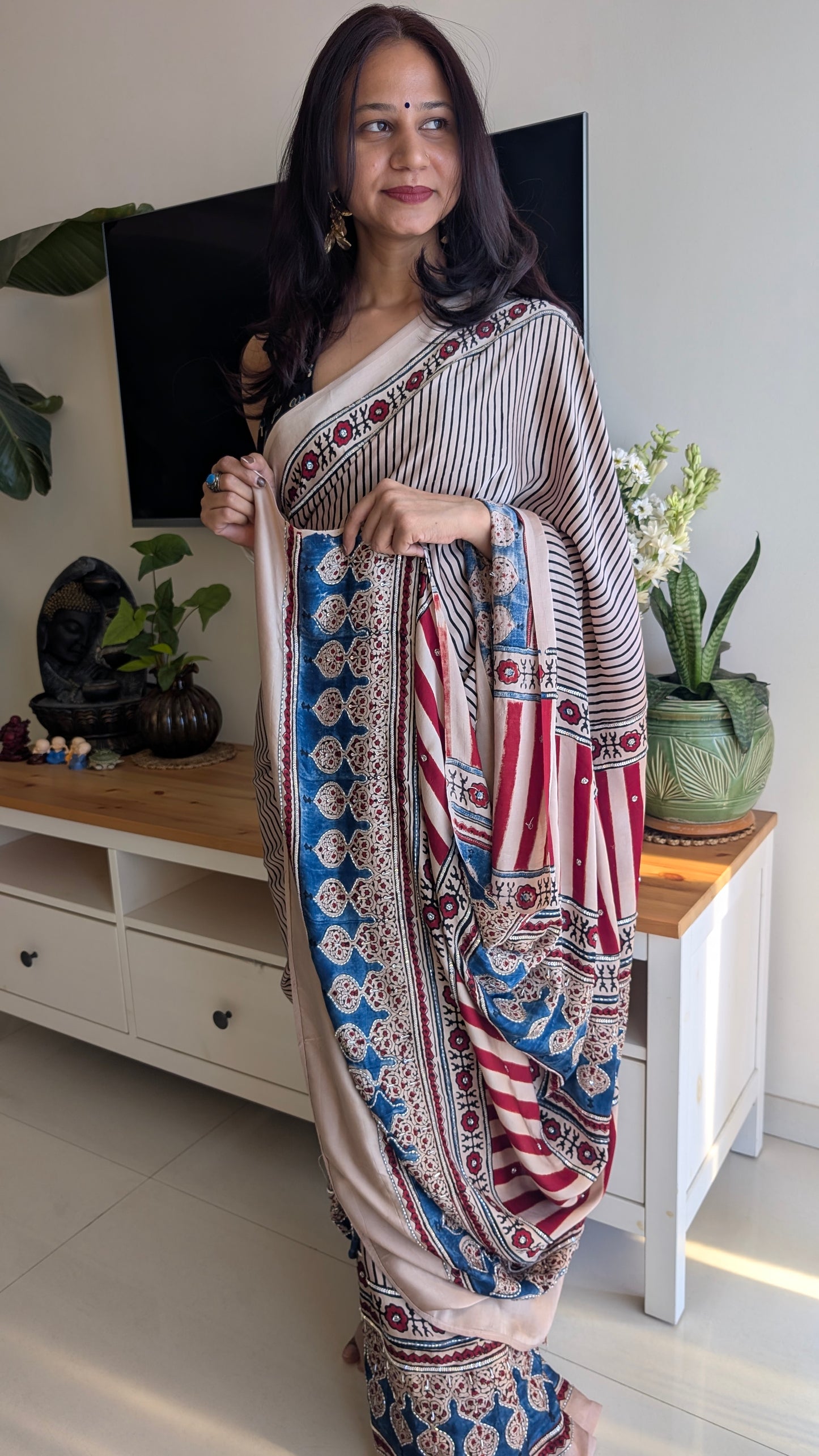 Off White / Ivory Ajrakh Hand Embroidery Saree in Modal Silk | TheRangBhoomi