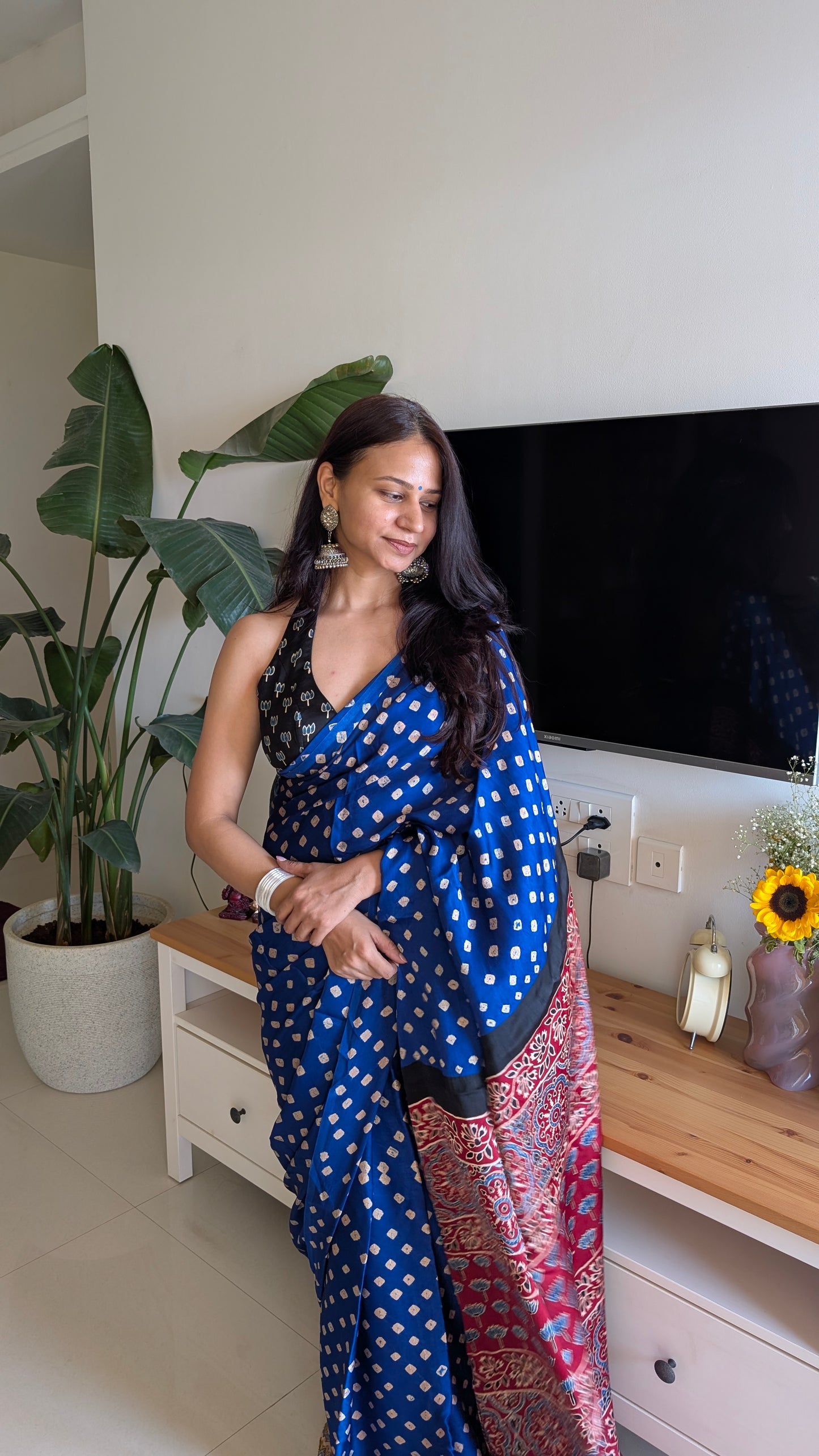 Royal Blue Bandhani Saree with Ajrakh Pallu | TheRangBhoomi Fusion Saree