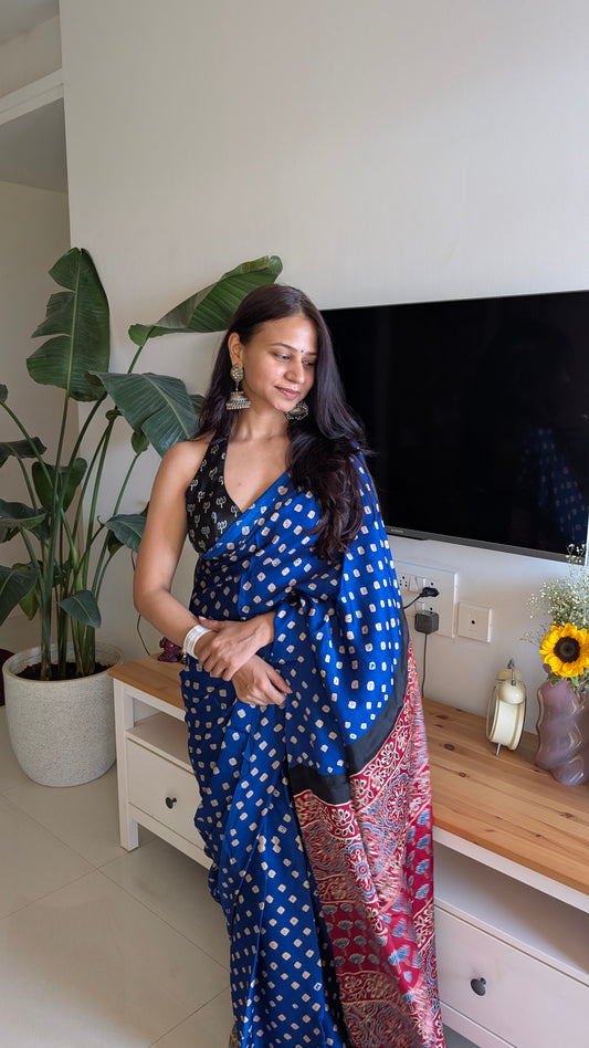 Royal Blue Bandhani Saree with Ajrakh Pallu | TheRangBhoomi Fusion Saree
