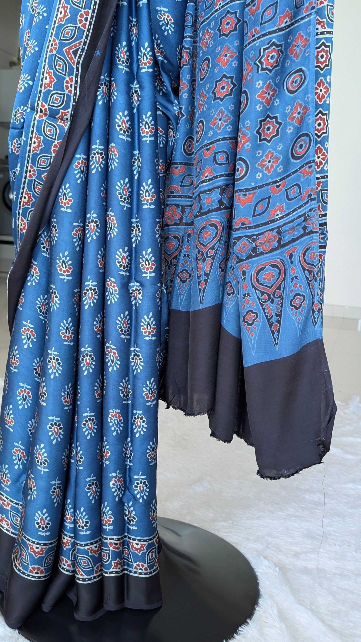 Ajrakh Saree in Modal Silk - Hand Block Print and Naturally Dyed | TheRangBhoomi