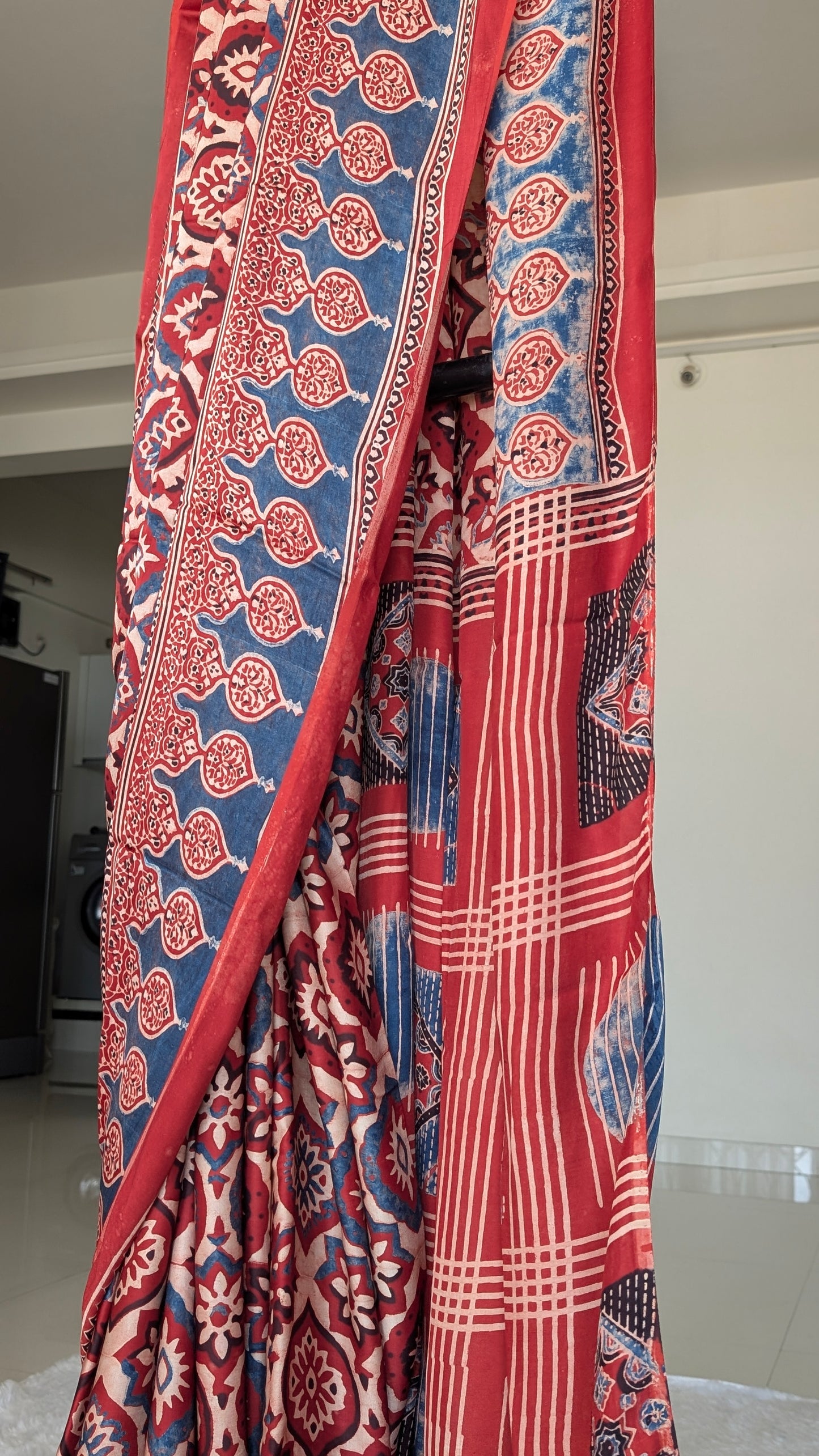 Ajrakh Saree in Modal Silk - Hand Block Print and Naturally Dyed | TheRangBhoomi