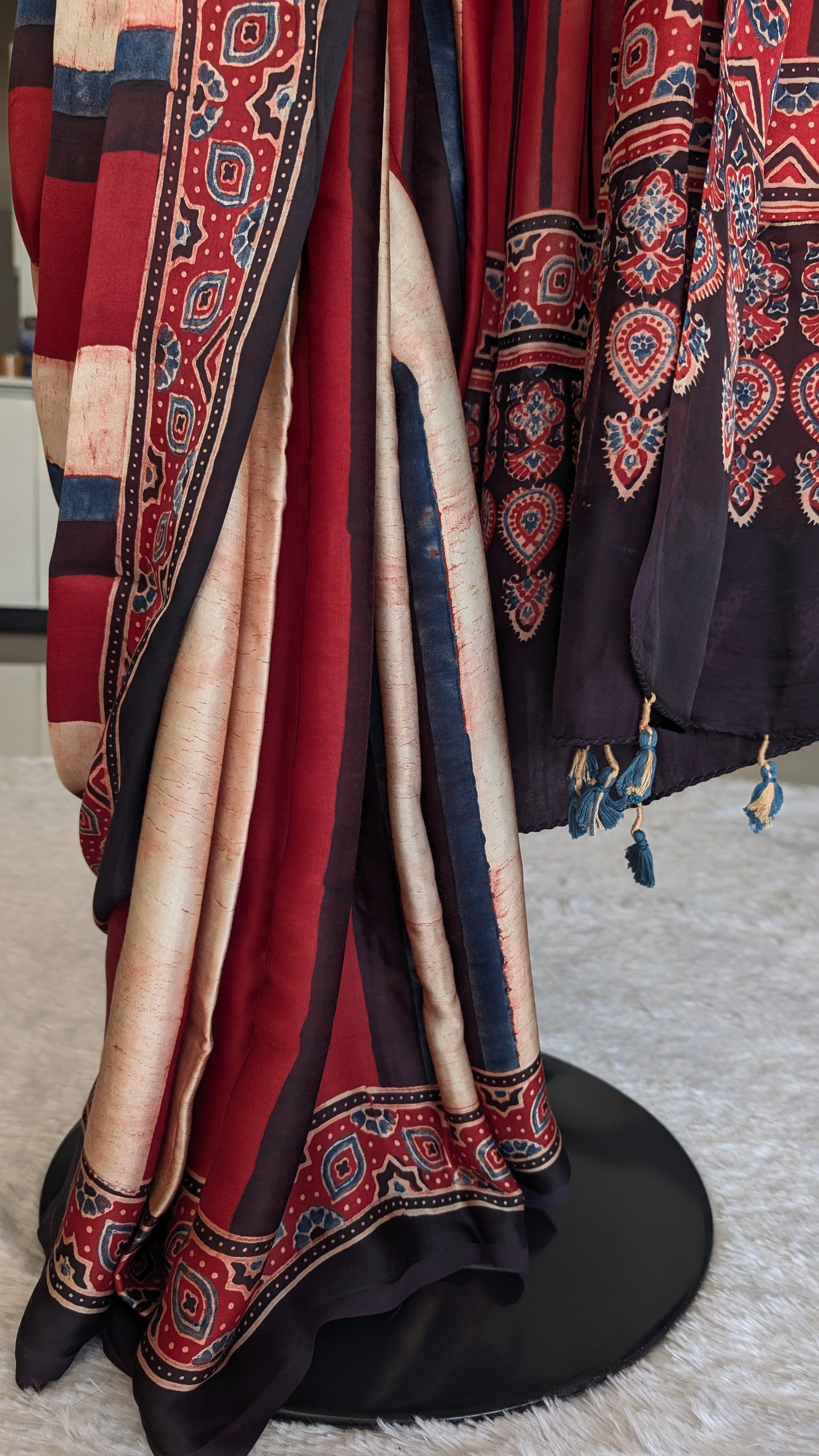 Ajrakh Saree in Modal Silk - Hand Block Print and Naturally Dyed | TheRangBhoomi