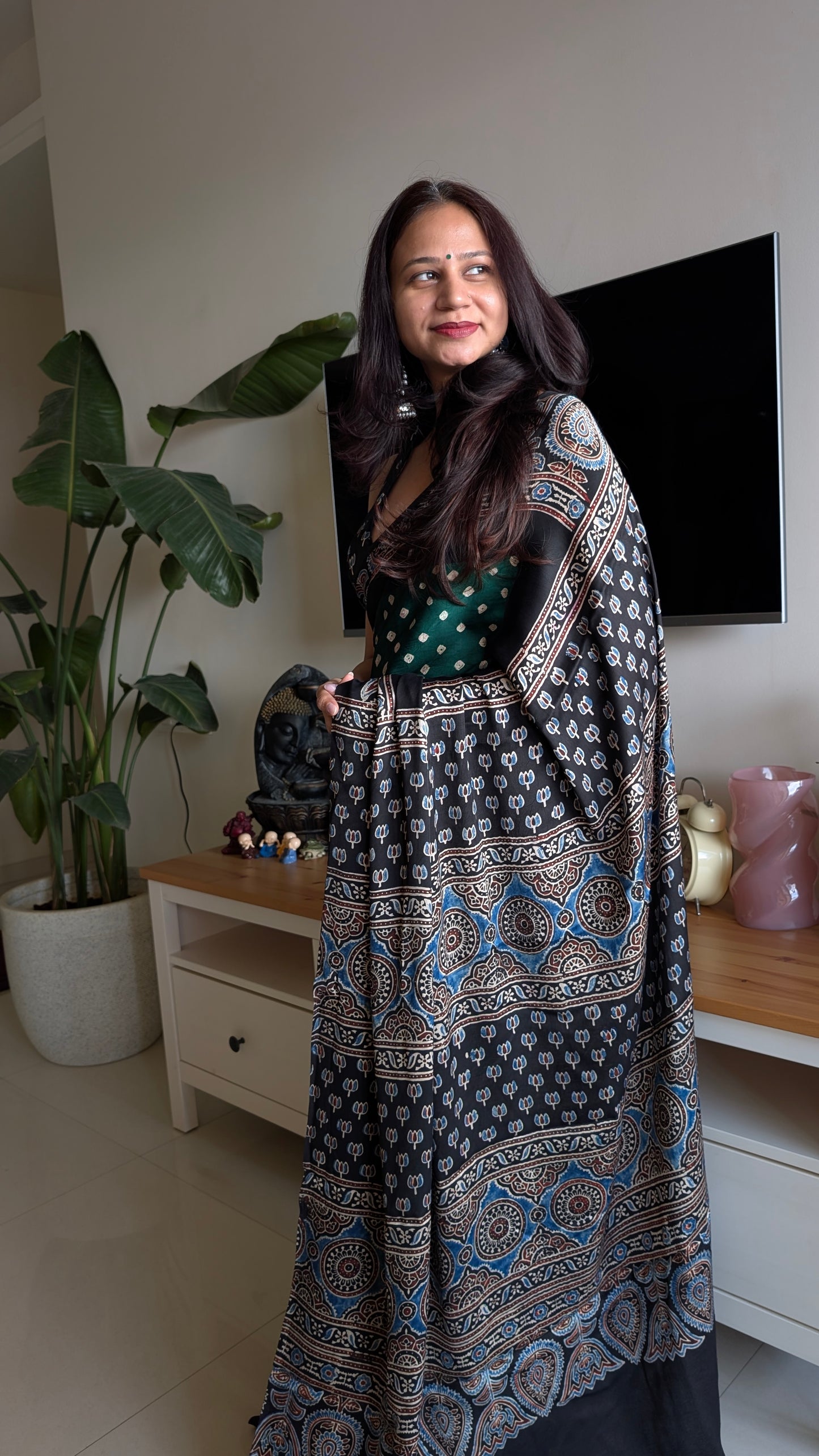 Green Bandhani Saree with Ajrakh Pallu | TheRangBhoomi Fusion Saree