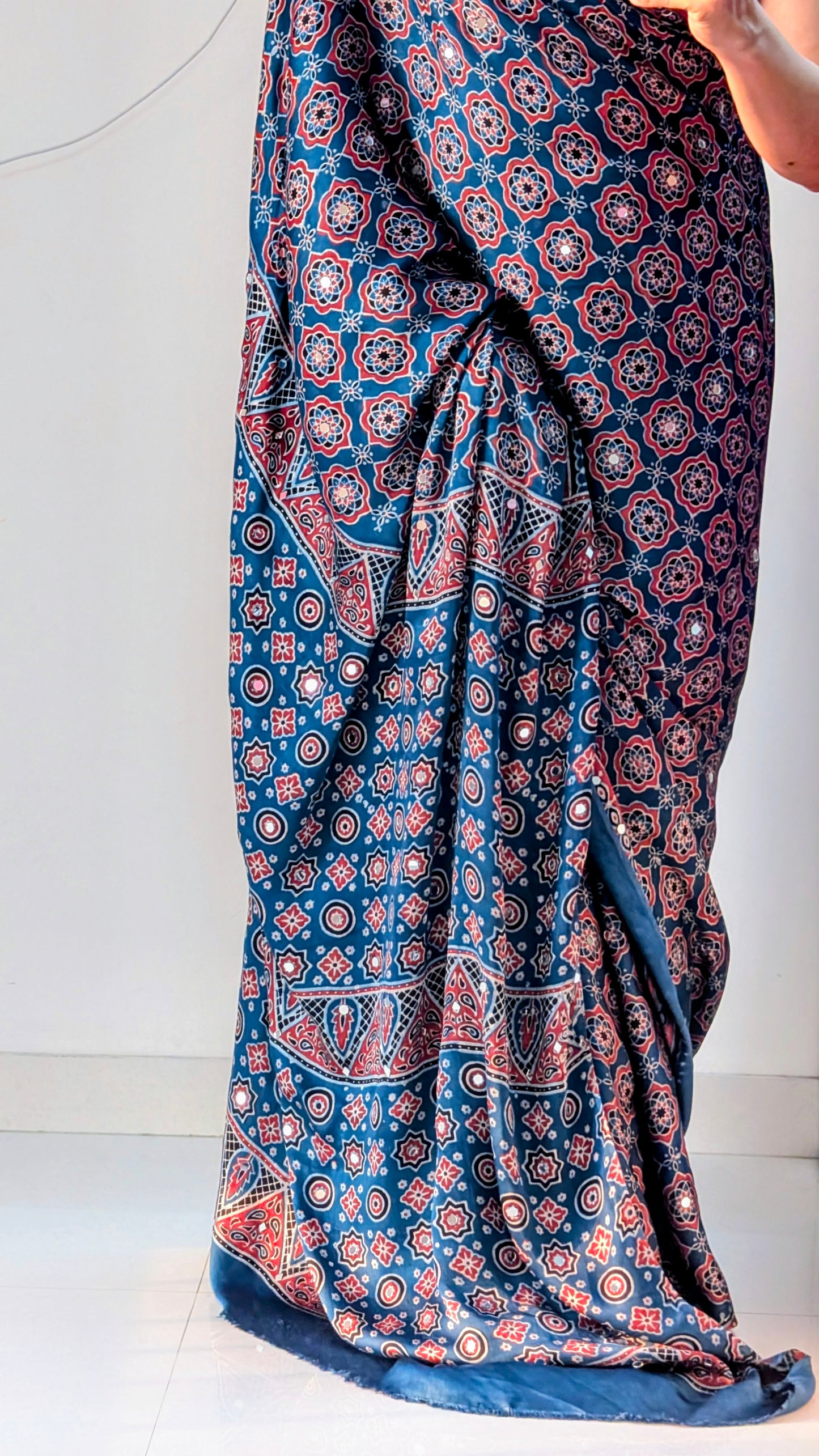 Blue and Red Ajrakh modal silk mirror work saree | TheRangBhoomi