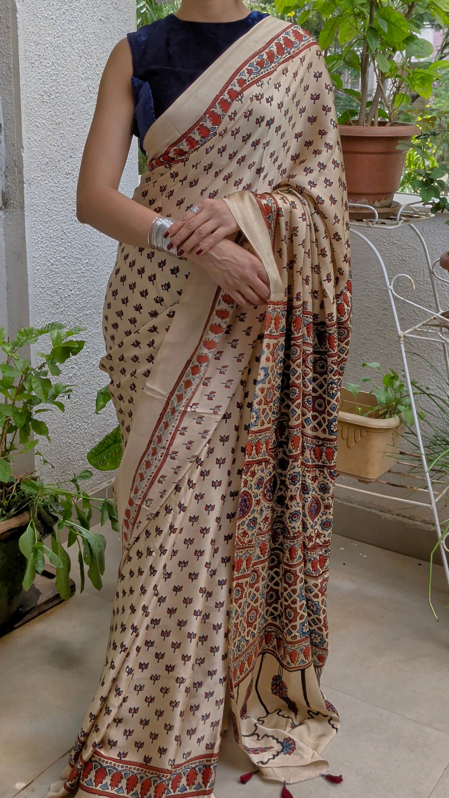 Ajrakh Saree in Modal Silk - Hand Block Print and Naturally Dyed | TheRangBhoomi