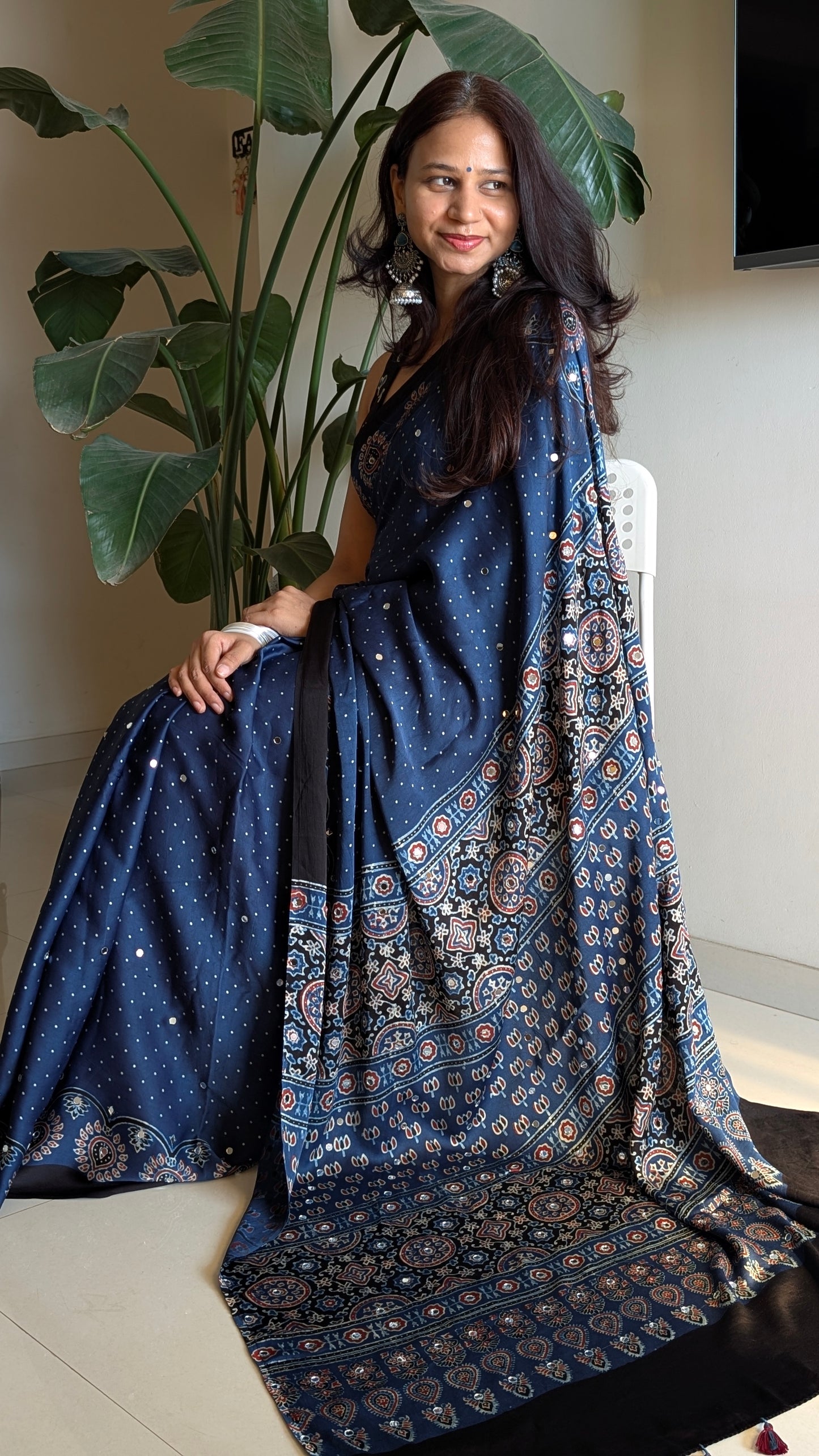 Blue Ajrakh modal silk mirror work saree | TheRangBhoomi