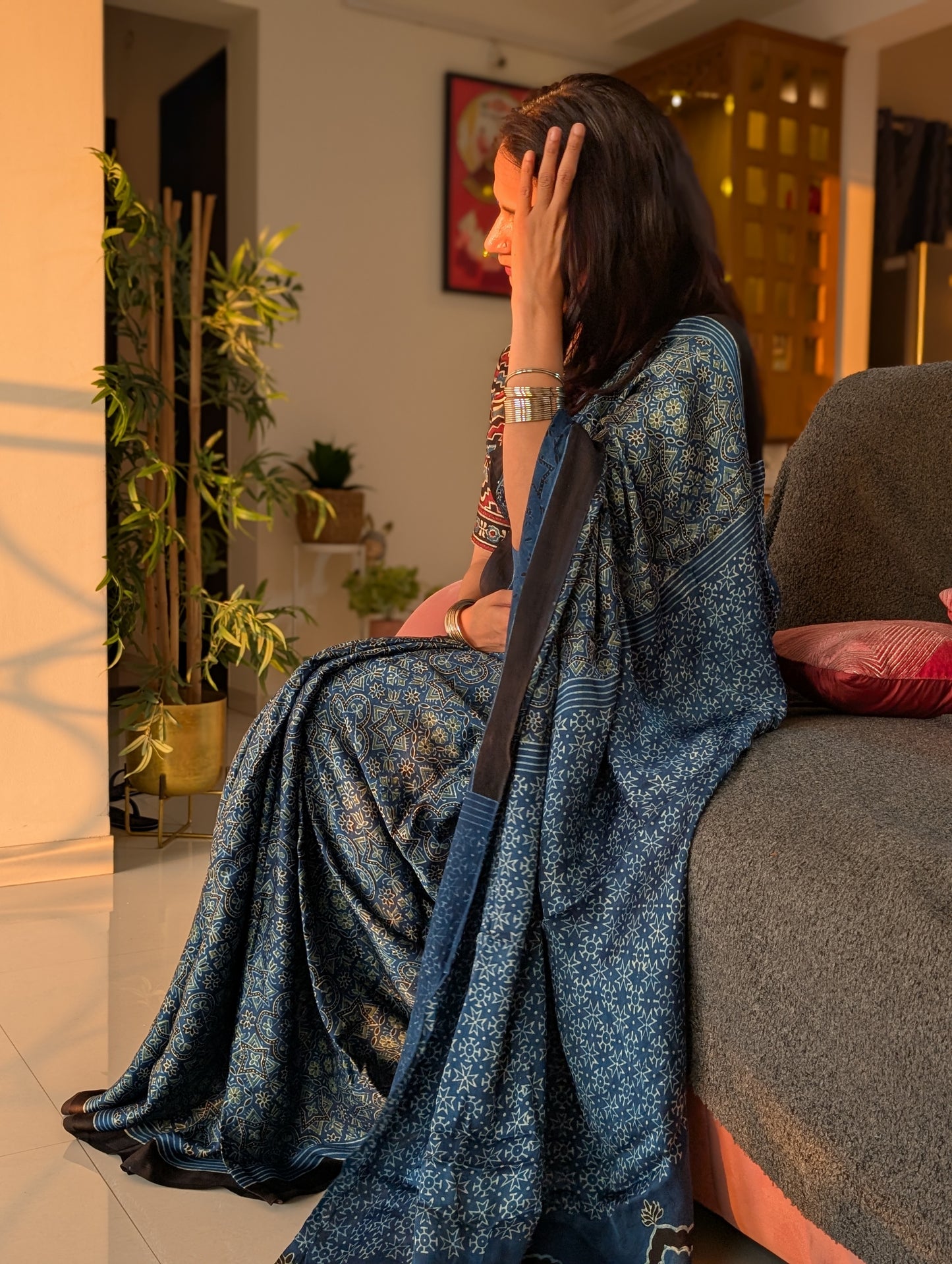 [PRE ORDER ONLY] Ajrakh Saree in Modal Silk - Hand Block Print and Naturally Dyed | TheRangBhoomi