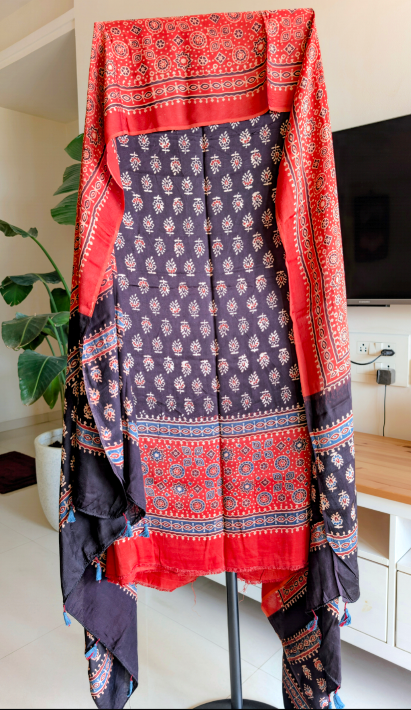 Ajrakh Modal Silk | Suit Set | Red and Black | 2 PC