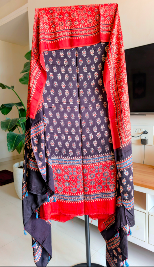 Ajrakh Modal Silk | Suit Set | Red and Black | 2 PC