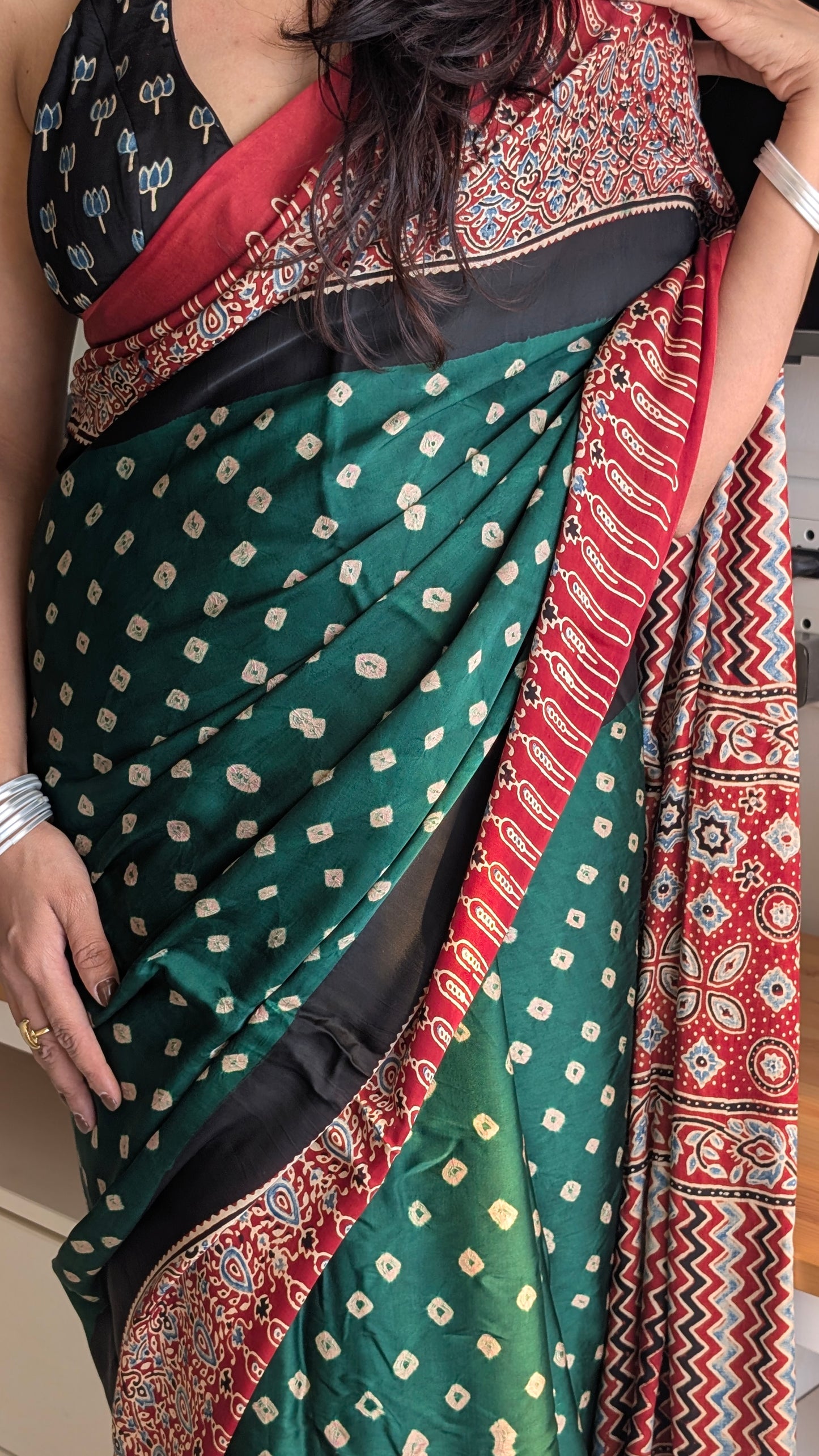 Green Bandhani Saree with Ajrakh Pallu | TheRangBhoomi Fusion Saree