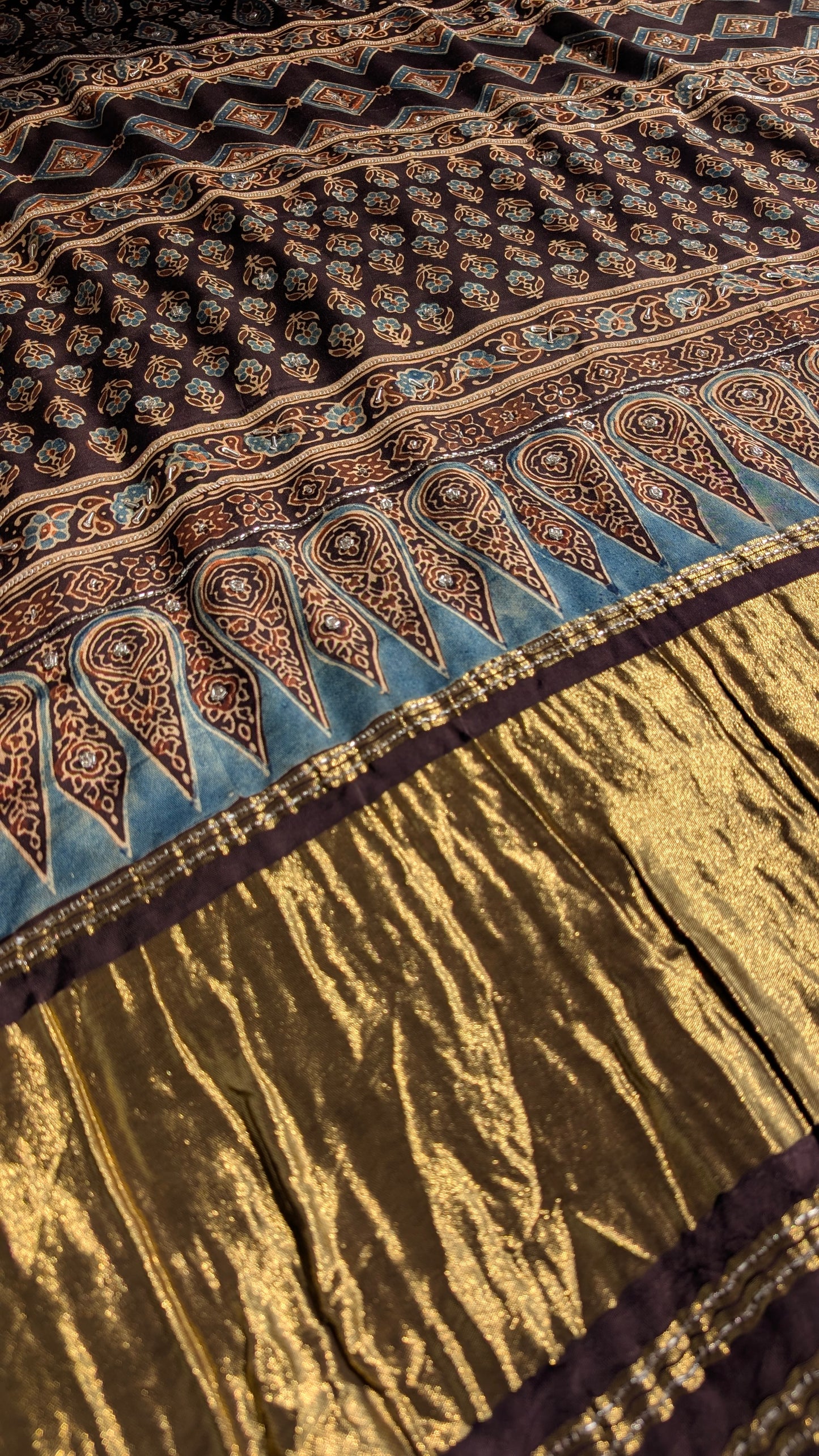 Navy Blue Modal silk with Black Ajrakh Pallu | Hand Embroidery Saree | TheRangBhoomi