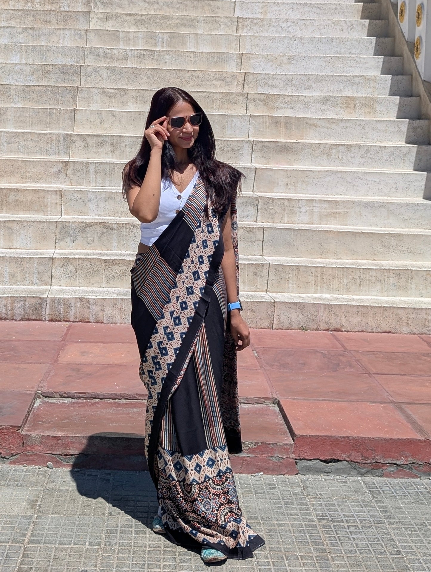 Ajrakh Saree in Modal Silk - Hand Block Print and Naturally Dyed | TheRangBhoomi