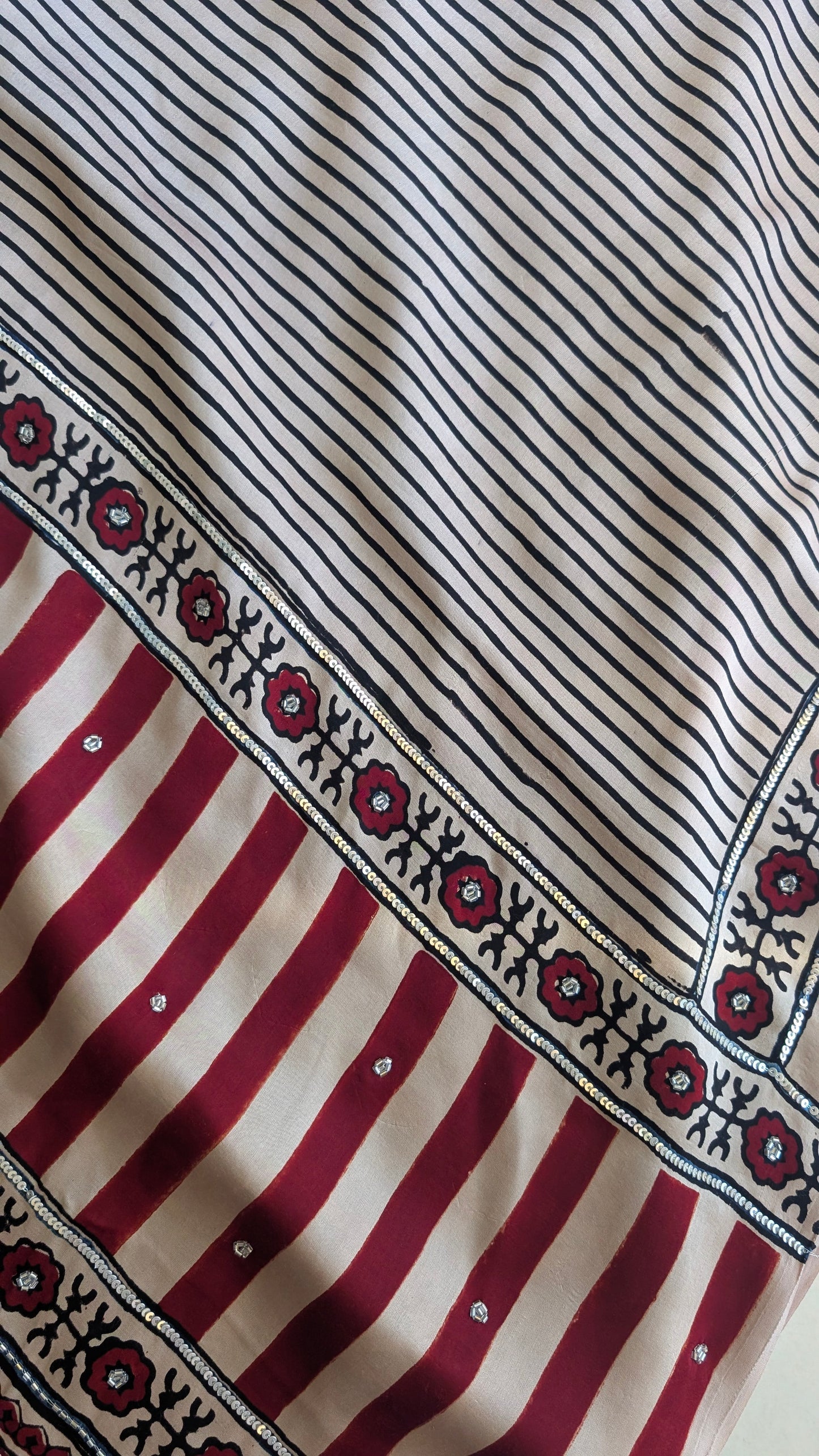 Off White / Ivory Ajrakh Hand Embroidery Saree in Modal Silk | TheRangBhoomi