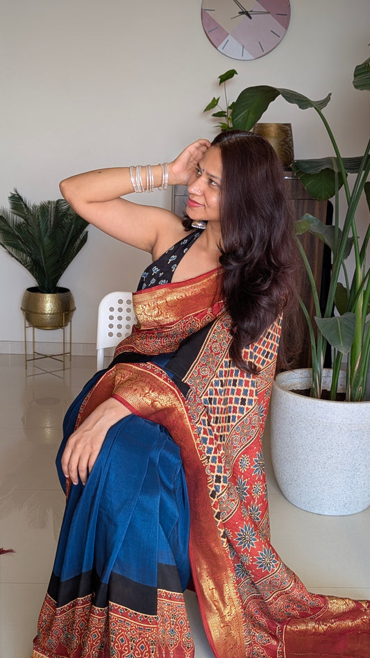 Dola Silk | Ajrakh | Blue and Red