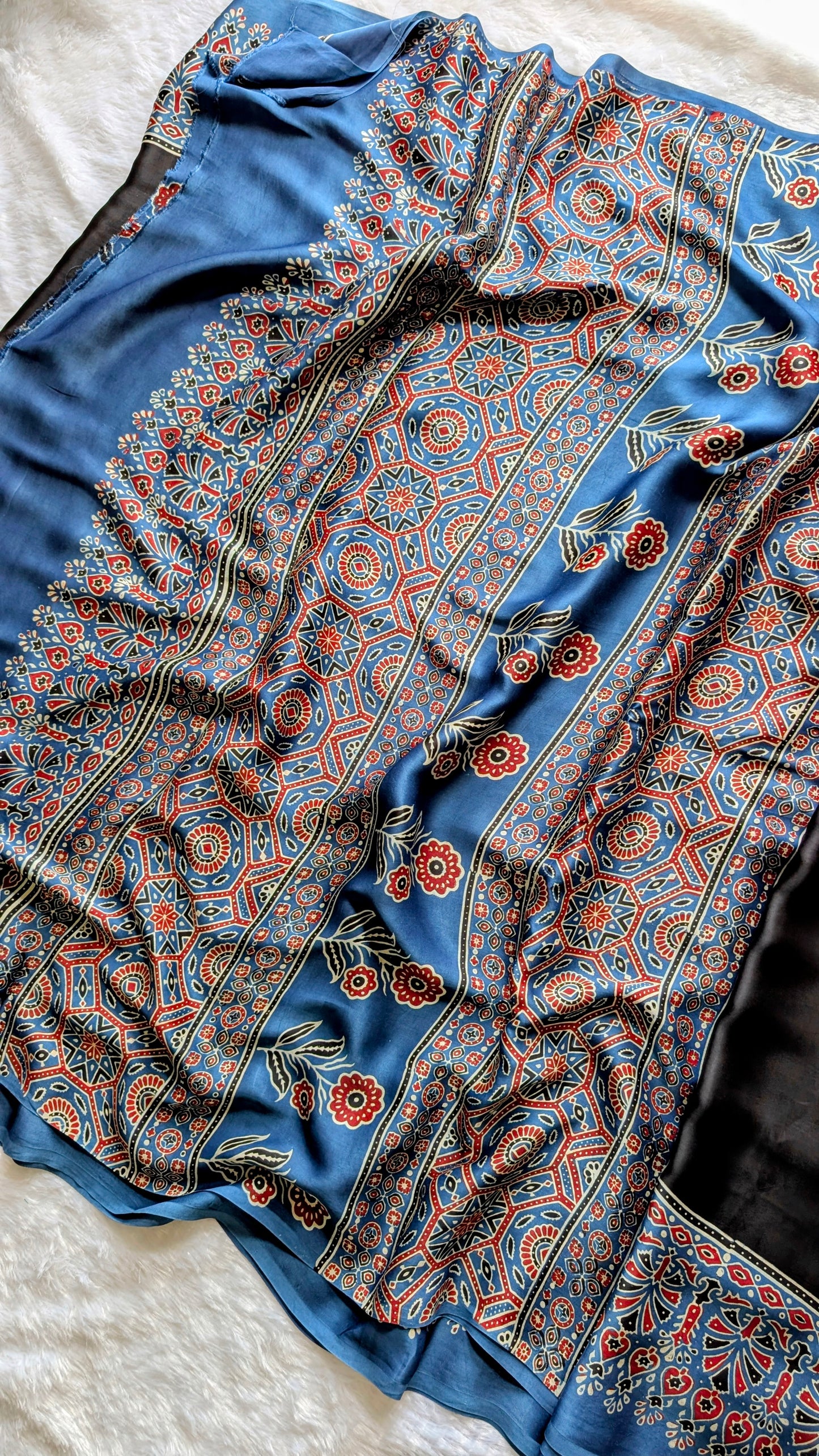[PRE ORDER ONLY] Ajrakh Saree in Modal Silk - Hand Block Print and Naturally Dyed | TheRangBhoomi