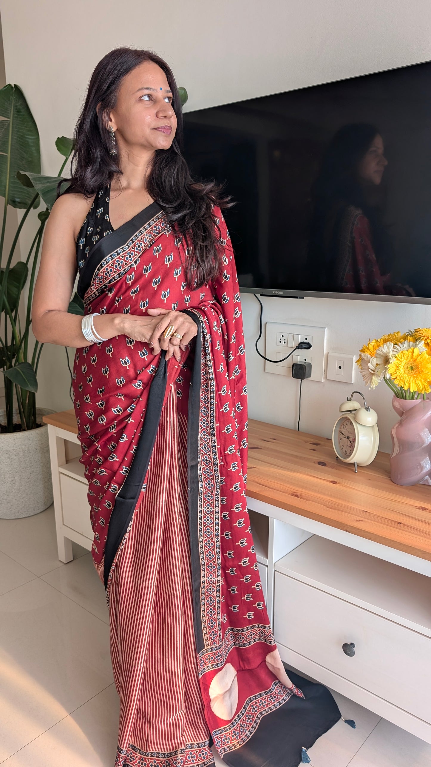 Red Ajrakh Saree in Modal Silk - Hand Block Print and Naturally Dyed | TheRangBhoomi