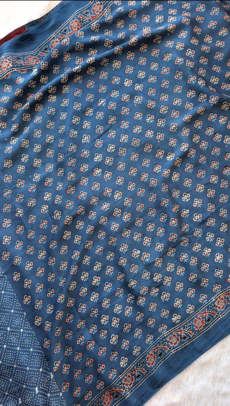 Ajrakh Saree in Modal Silk - Hand Block Print and Naturally Dyed | TheRangBhoomi