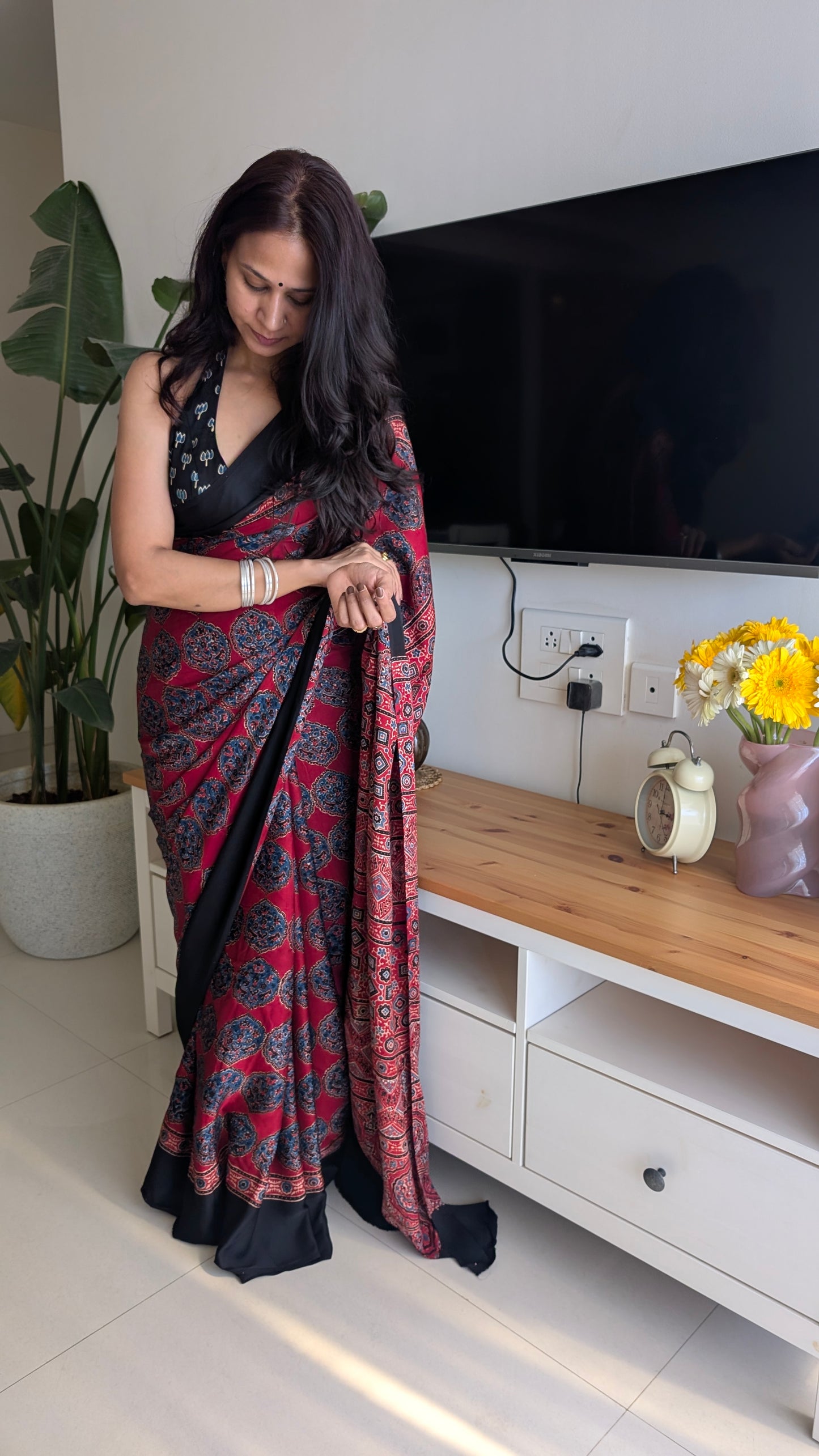 Ajrakh Saree in Modal Silk - Hand Block Print and Naturally Dyed | TheRangBhoomi